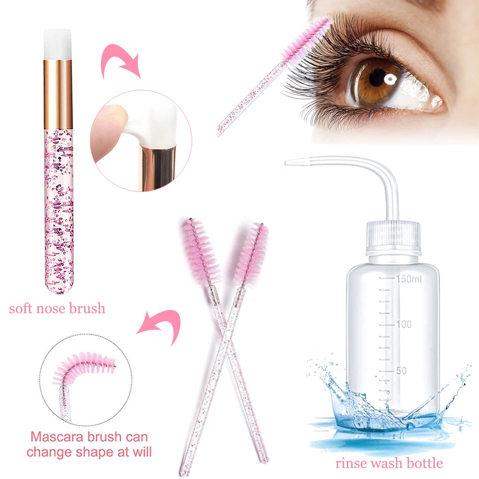 50ml Eyelash Extension Cleanser & Lash Shampoo Kit - Includes 50pcs Eyelash Brushes, Cleaning Brushes, Makeup Remover Pads & Rinse Bottle for Salon & Home Use (Pink) - Perfect for Lash Extension Aftercare & Gentle Cleansing