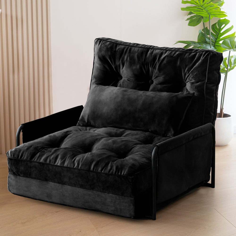 MAXYOYO Adjustable Floor Sofa Bed - Velvet Convertible Lazy Couch with Pillow & Armrests, Single Sleeper Sofa for Small Spaces (Black) | Perfect for Living Rooms, Dorms, Apartments & Guest Beds