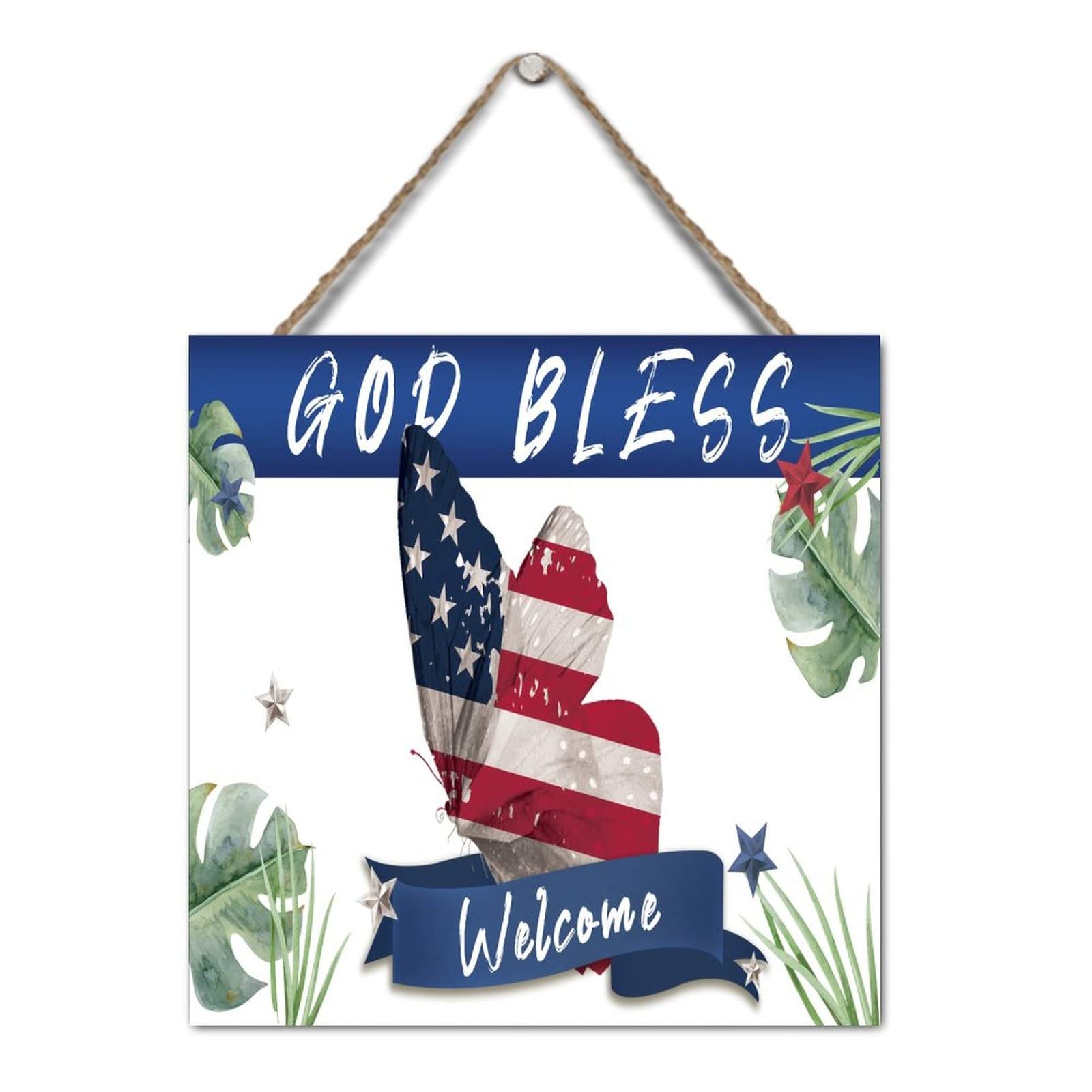 American Flag Wooden Plaque - Patriotic Butterfly Decor with 'God Bless America' Engraving | Rustic Farmhouse Wall Art, 4th of July Independence Day Gift | Perfect for Front Door Decor, Country Home, Barn Accent & Patriotic Holiday Displays