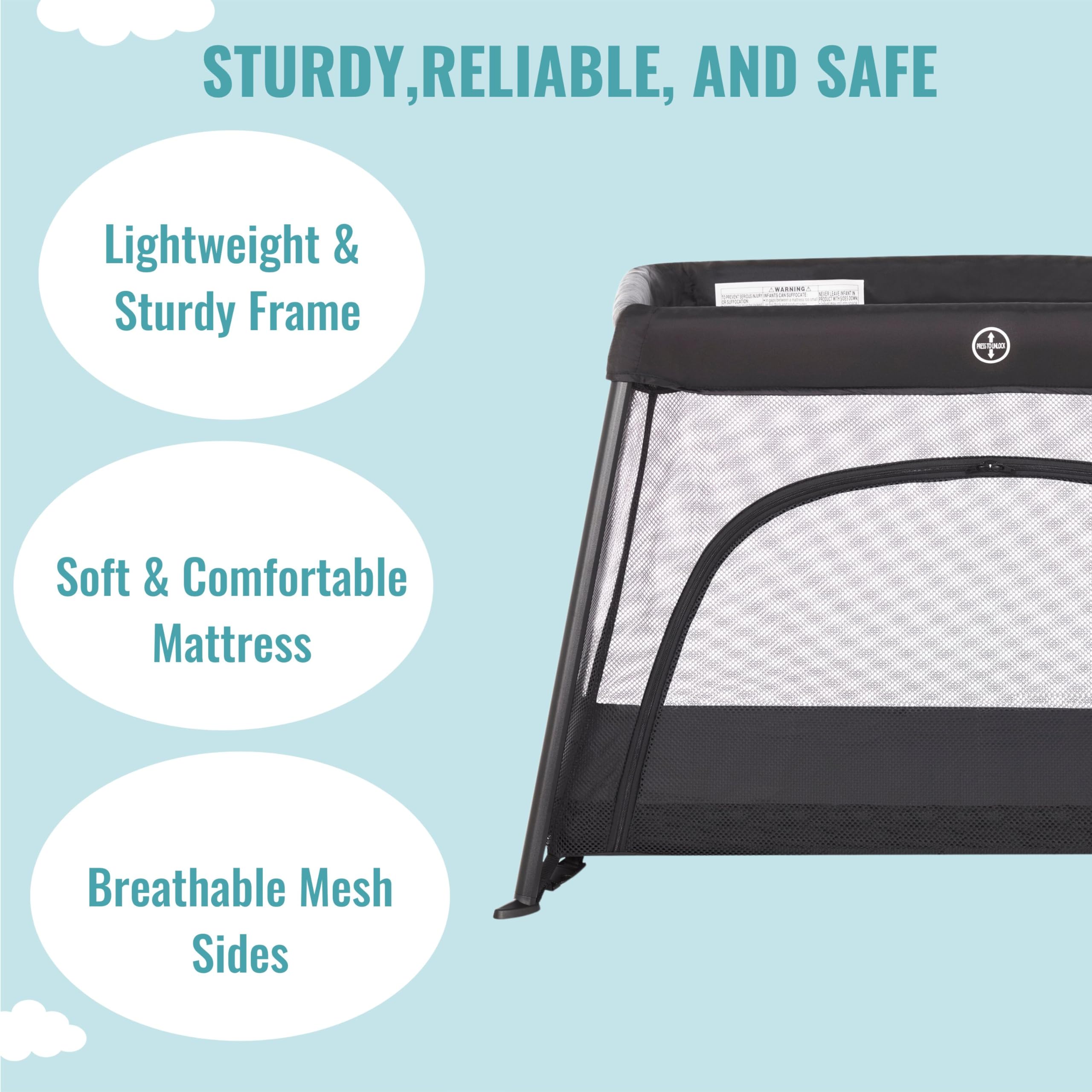 Dream On Me Travel Light Playard with Mesh Zipper Door - Portable Baby Play Yard for Travel, Home & Outdoors - Black