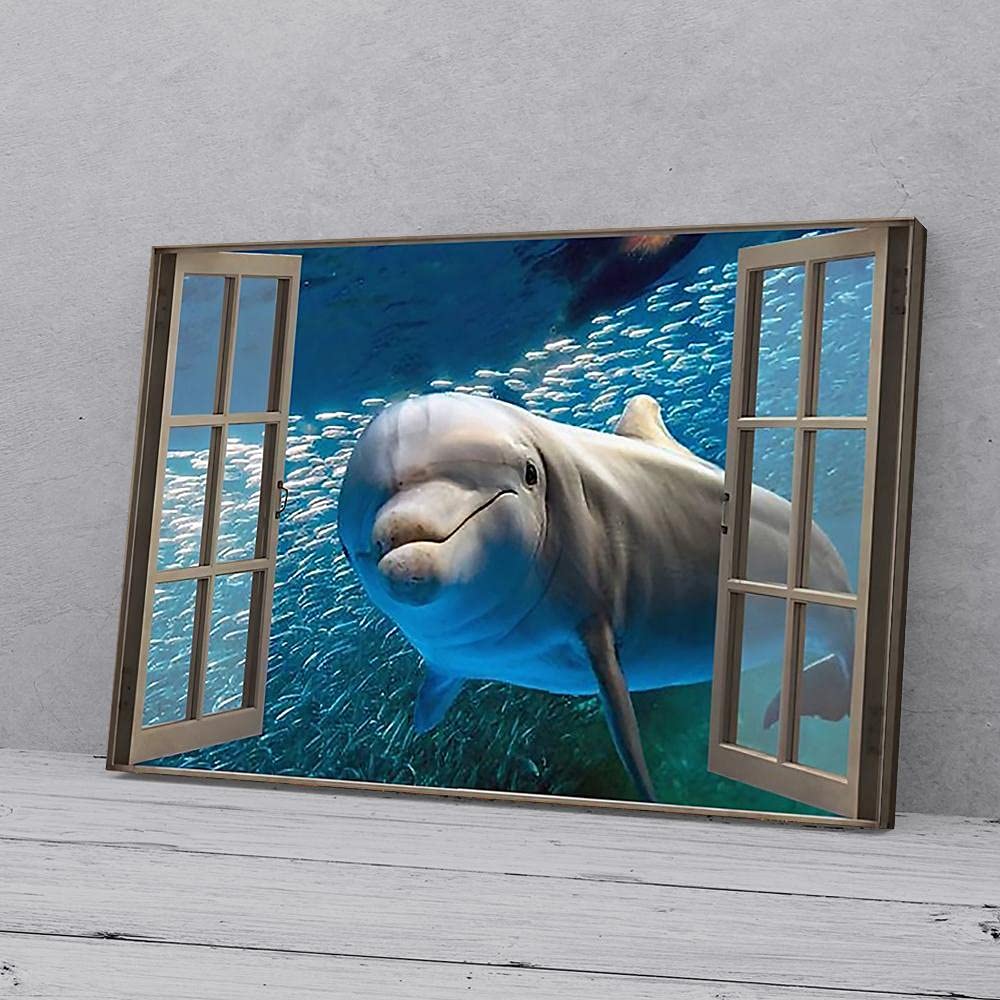 Dolphin Window View Inspirational Quote Canvas Wall Art - Ready to Hang Home Decor Gift for Beach Lovers & Ocean Theme Rooms | Perfect for Living Room, Bedroom or Office Wall Decoration