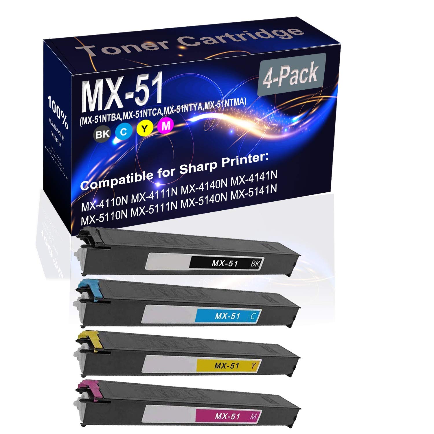 4-Pack High Yield Compatible Toner Cartridge for Sharp MX-4110N/MX-4111N & MX-51 Series (Black/Cyan/Yellow/Magenta) - Replacement for MX-51NTBA/MX-51NTCA/MX-51NTYA/MX-51NTMA - Perfect for Office Printing & High Volume Document Production