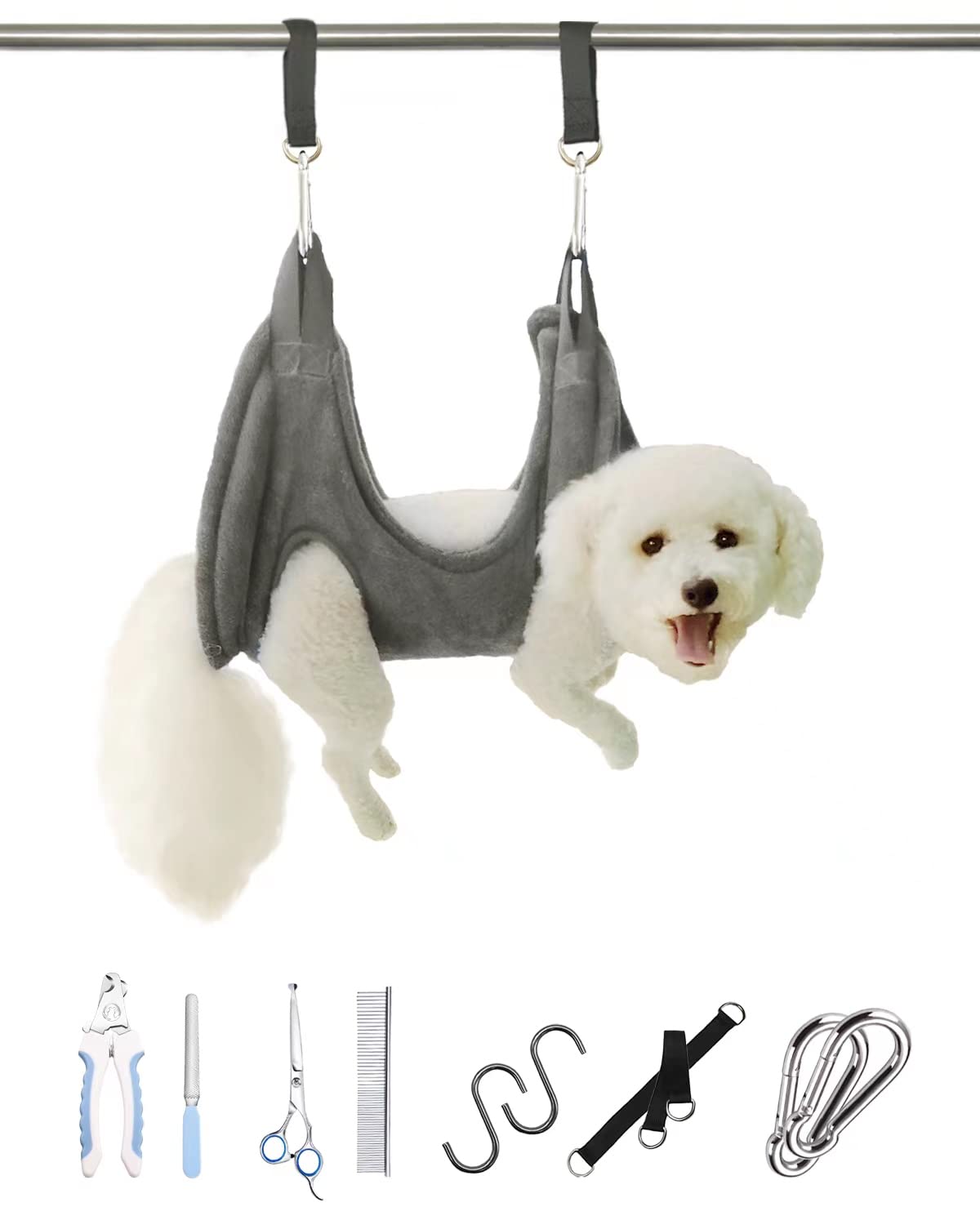 Premium Dog Grooming Harness - Adjustable Pet Grooming Hammock for Cats & Dogs - Professional Nail Trimmer Set with Safety Scissors (Large Size, Grey) - Perfect for Home Grooming, Vet Clinics & Pet Salons
