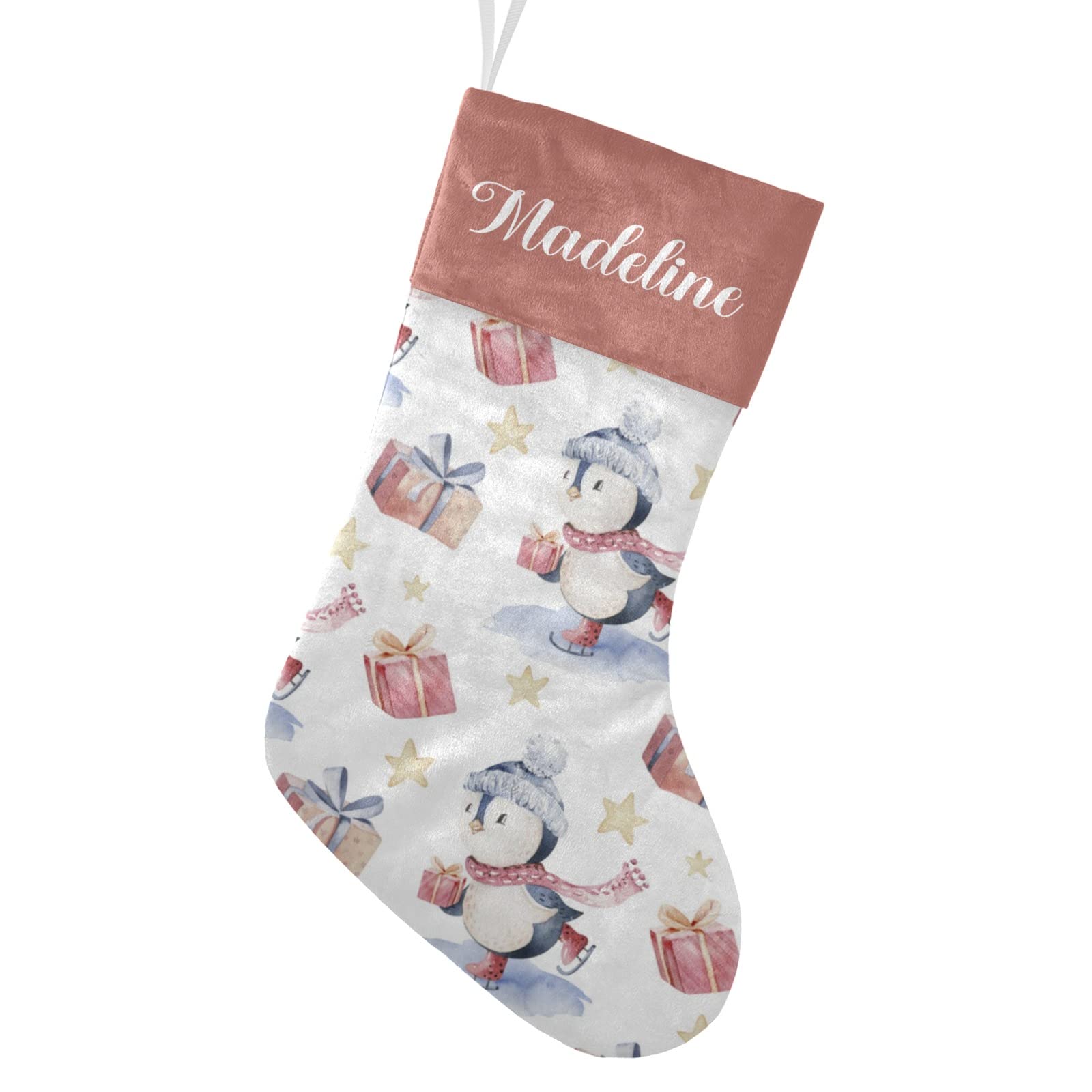 NZOOHY Personalized Christmas Stockings - Custom Penguins Birds Tree Snowflakes Design Holiday Socks for Fireplace Decor | Family Name Embroidery | Perfect for Christmas Party Home Decor & Gift Giving