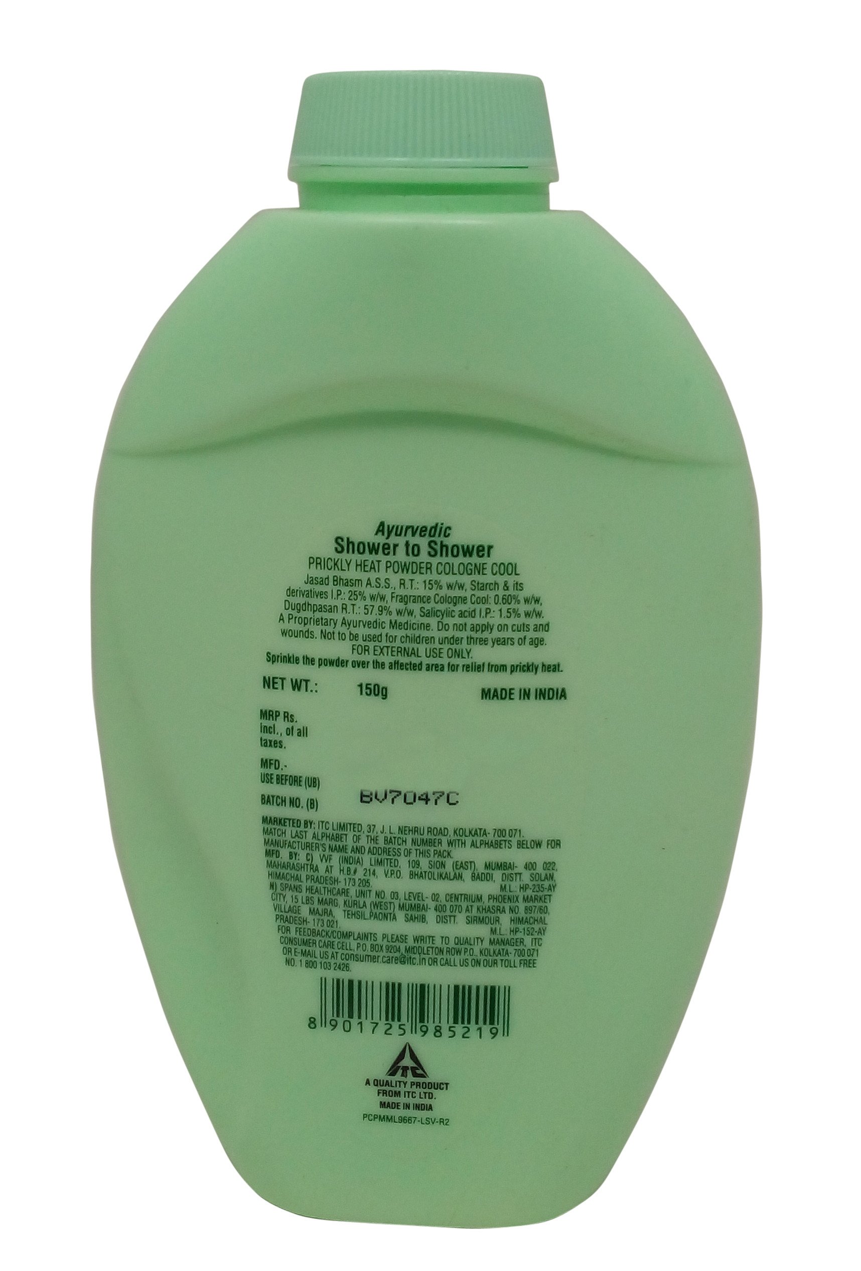 Shower to Shower Prickly Heat Powder for Women & Men - Cologne Cool Scent, 150g Ayurvedic Talcum Powder for Body Odor & Sweat Control - Perfect for Gym, Travel & Hot Weather Use