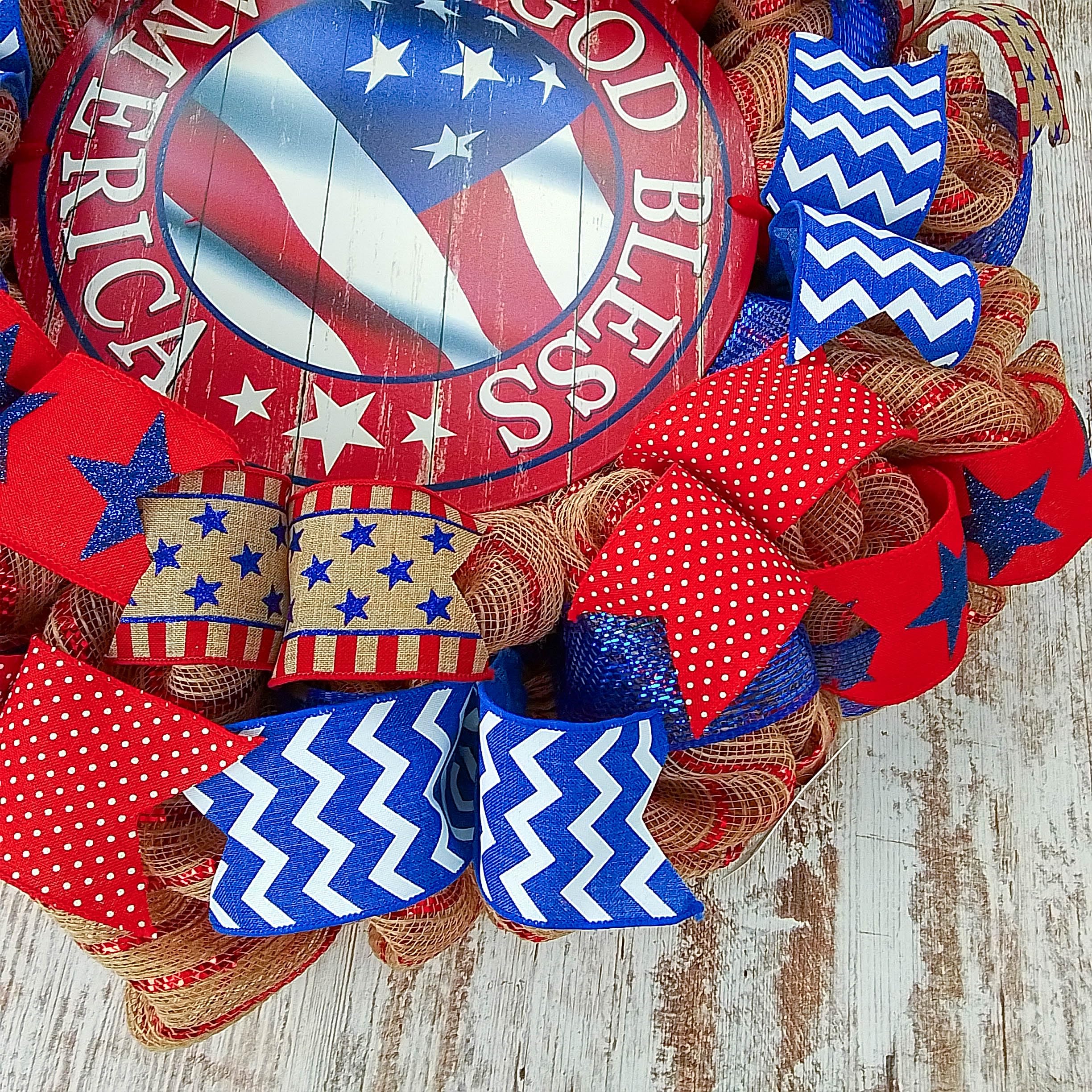 God Bless America Patriotic Wreath - Red White Blue Burlap Wreath for Front Door - Perfect for 4th of July Decorations, Memorial Day, Veterans Day & American Holidays