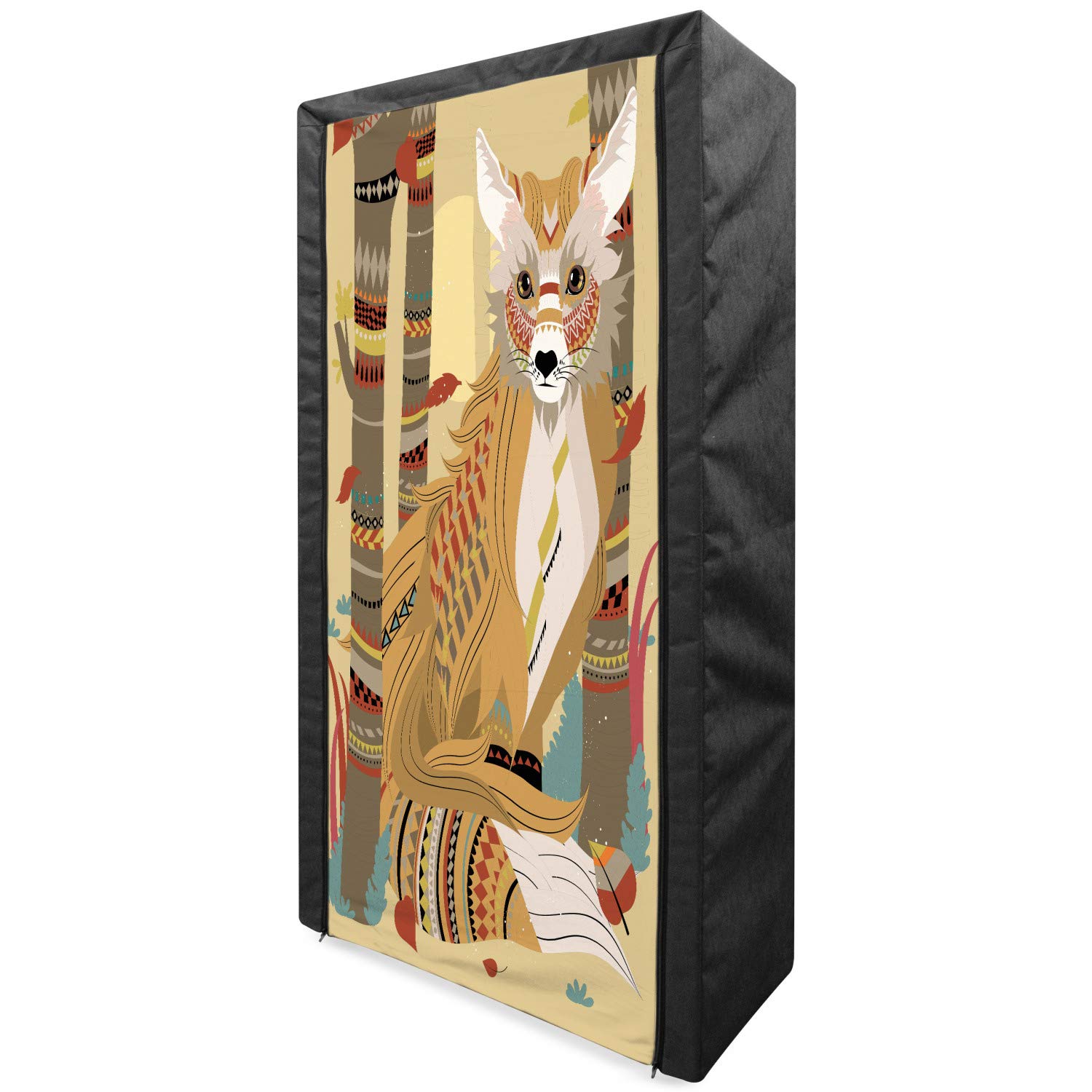 Ambesonne Fox Portable Fabric Wardrobe - Animal Theme Forest Fox & Tree Trunks Print, Clothing Organizer with Shelves, 33.5 Inch Pale Coffee - Perfect for Bedroom, Closet & Dorm Storage Organization
