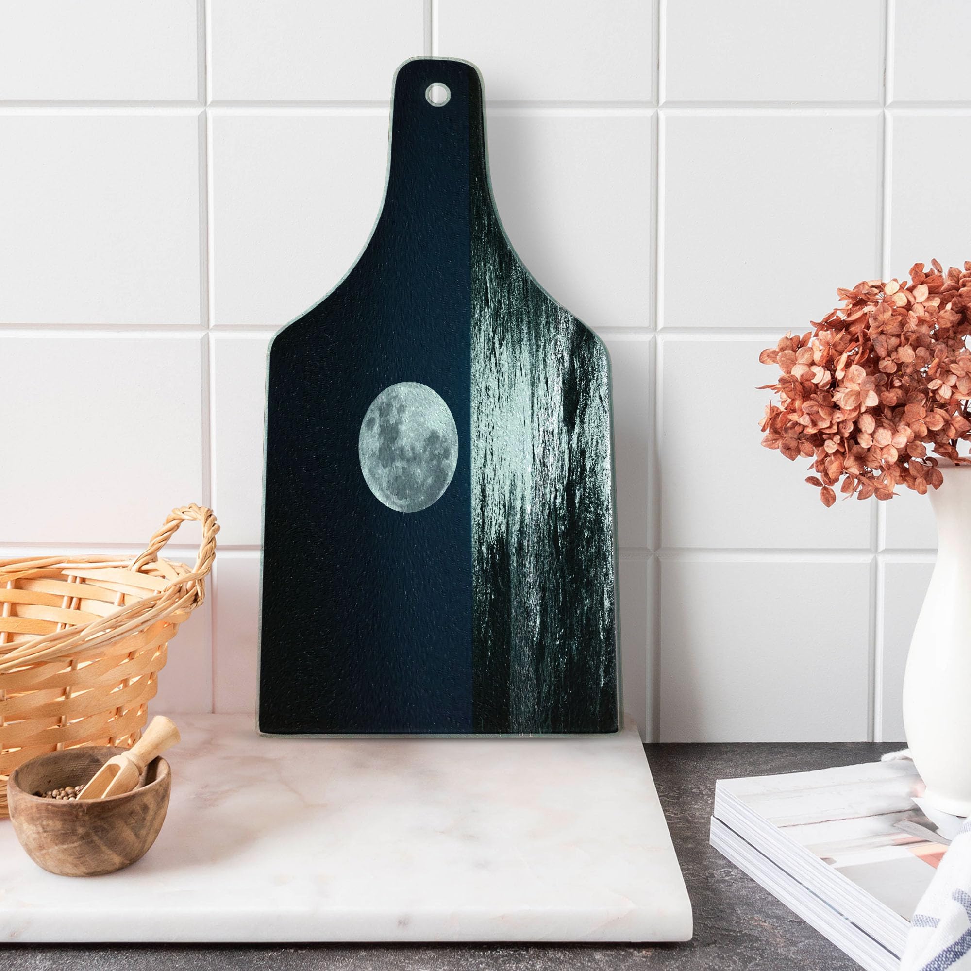 Ambesonne Moon Tempered Glass Cutting Board - Large Wine Bottle Shape with Ethereal Moon & Sea Reflection Design - Dark Blue Black White Decorative Serving Board for Kitchen, Dining & Party Entertaining