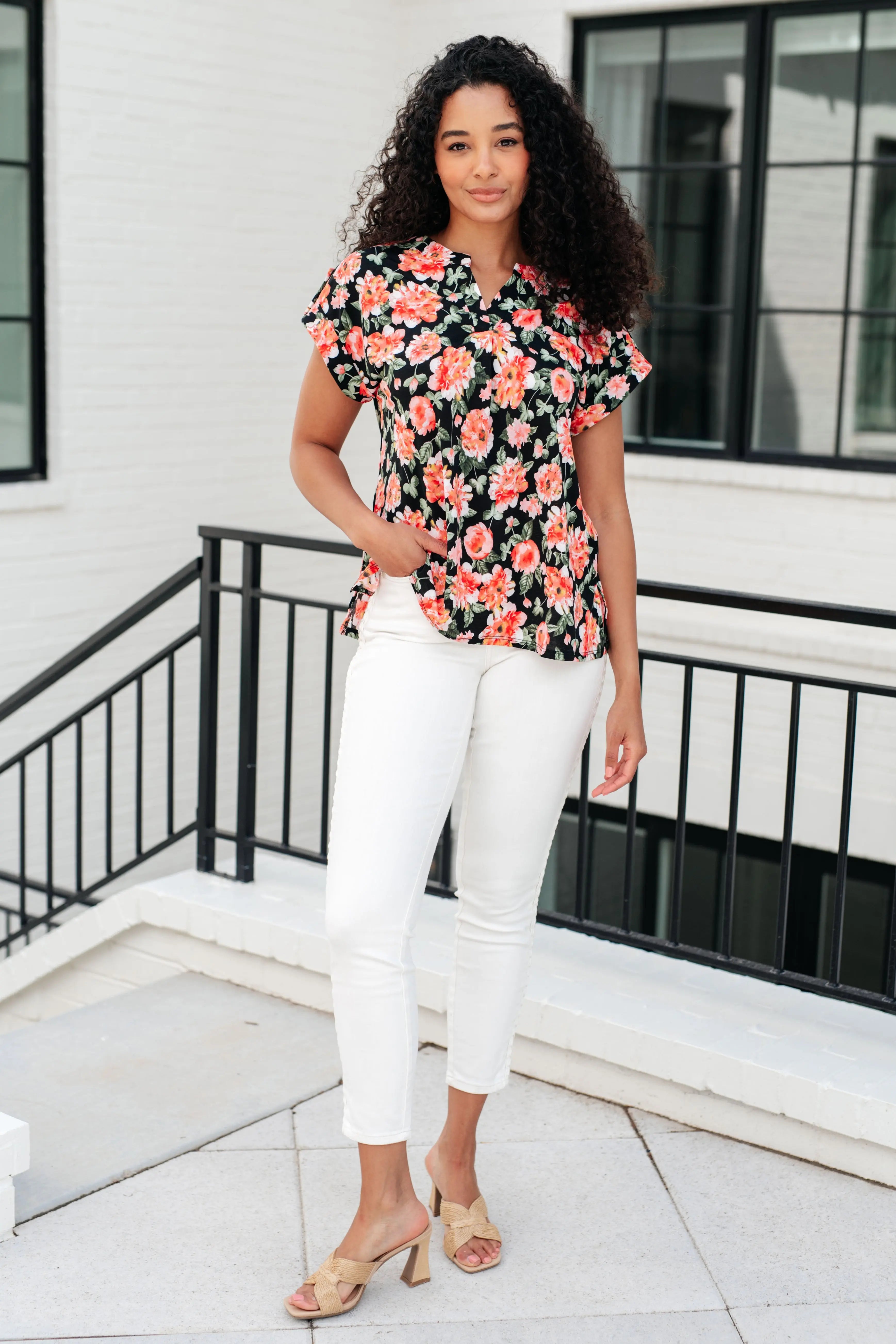 Lizzy Cap Sleeve Top - Black & Coral Floral Print Women's Blouse | Perfect for Casual Outings, Date Nights & Summer Fashion