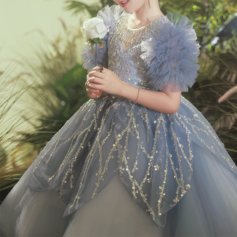 Sparkling Dusty Blue A-Line Flower Girl Dress with Sequins & Ruffles - Perfect for Weddings, Pageants, and Special Occasions