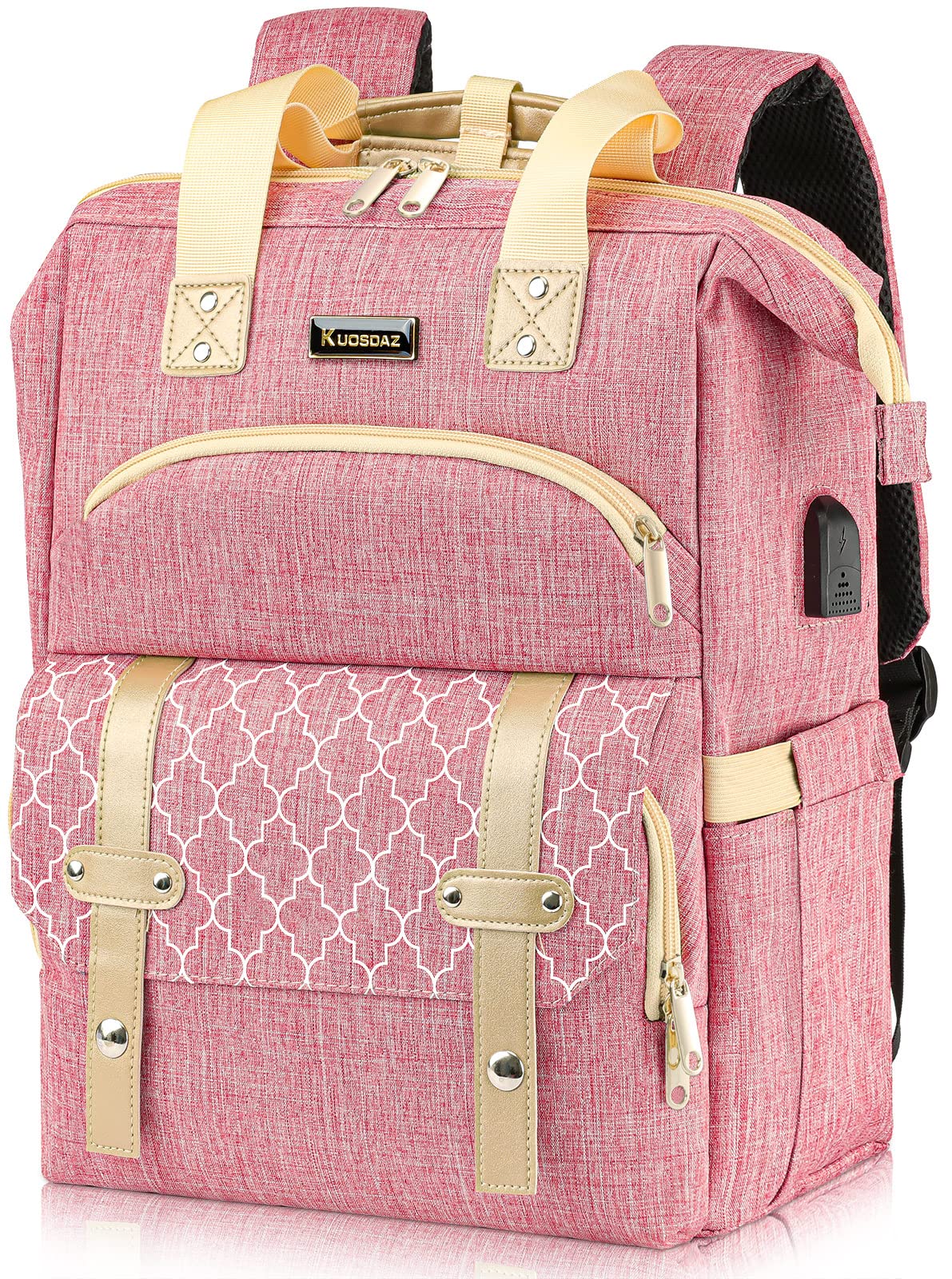 Stylish Pink Laptop Backpack for Women & Girls - 15.6 Inch USB Charging School Backpack with Wide Opening - Perfect for College, Work, Business, Nursing - Durable Travel & Daily Commute Backpack Purse