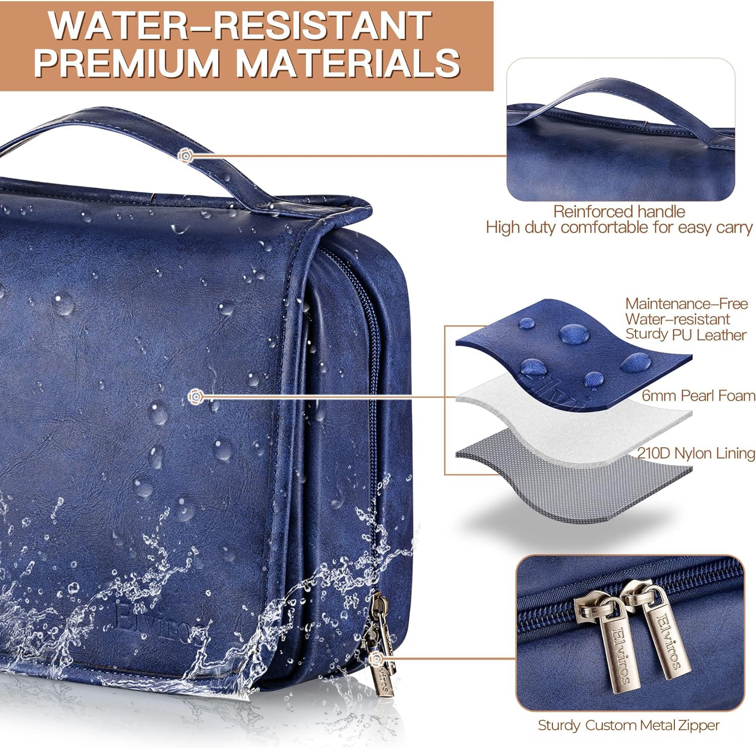 Elviros Hanging Travel Toiletry Bag for Men & Women - 3-in-1 Large Waterproof Makeup Organizer with PU Leather - Perfect for Bathroom, Camping & Air Travel Accessories Storage