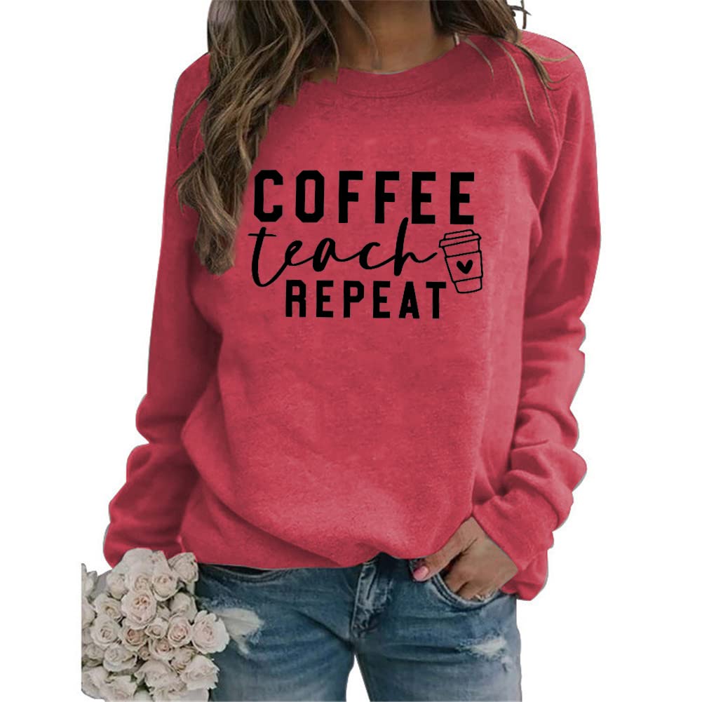 Feyatop Women's Graphic Coffee Teacher Sweatshirt - Casual Long Sleeve Crewneck Pullover Loose Fit Sweater - Perfect Gift for Teachers, Educators & Coffee Lovers - Great for Classroom, Work & Everyday Wear