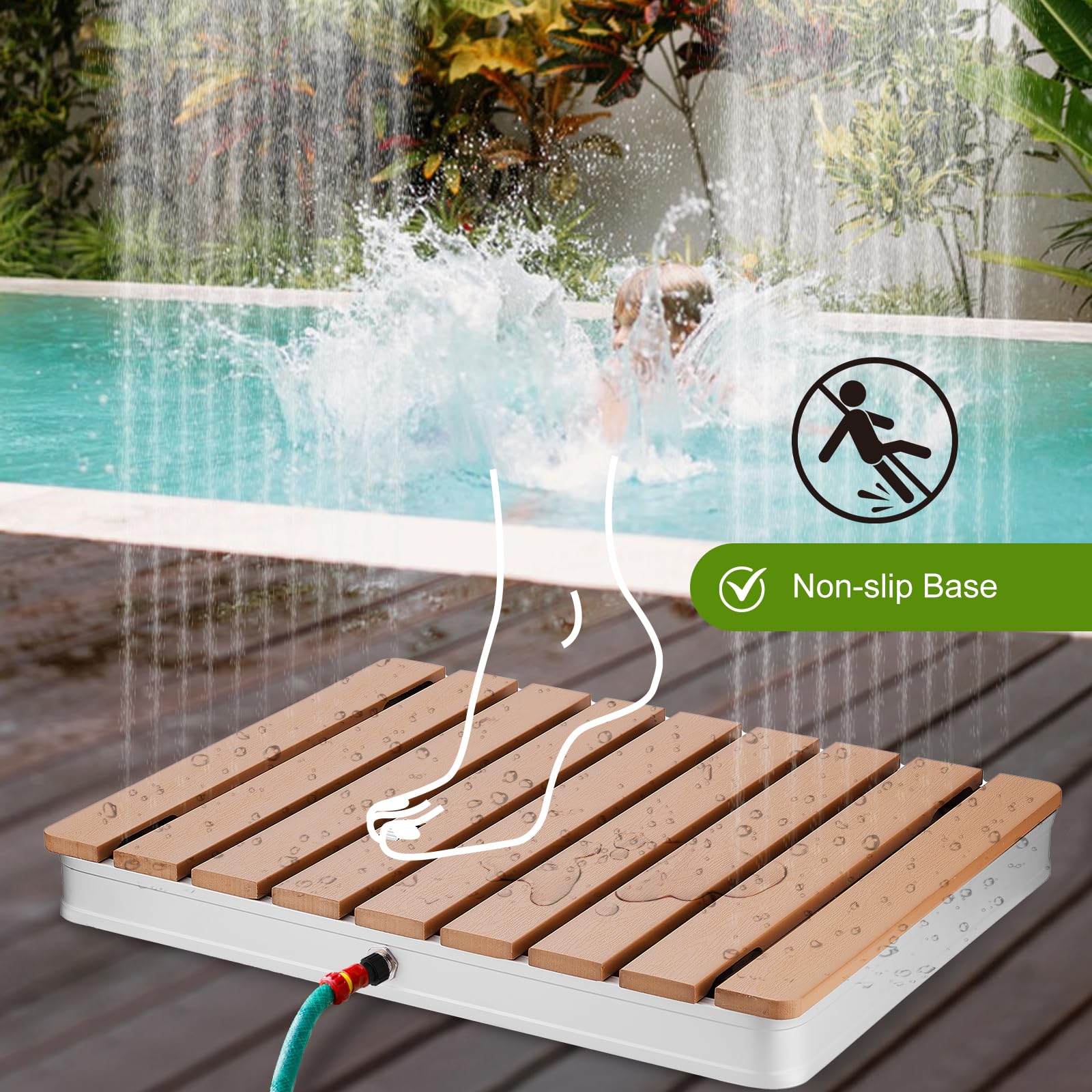 **Portable Outdoor Shower for Pool, Garden & Camping - Adjustable Height & Water Flow with Foot Wheel - Non-Slip Sauna & Water Play Shower for Adults & Kids (28” x 22”) - Perfect for Backyard, Beach & RV Trips**