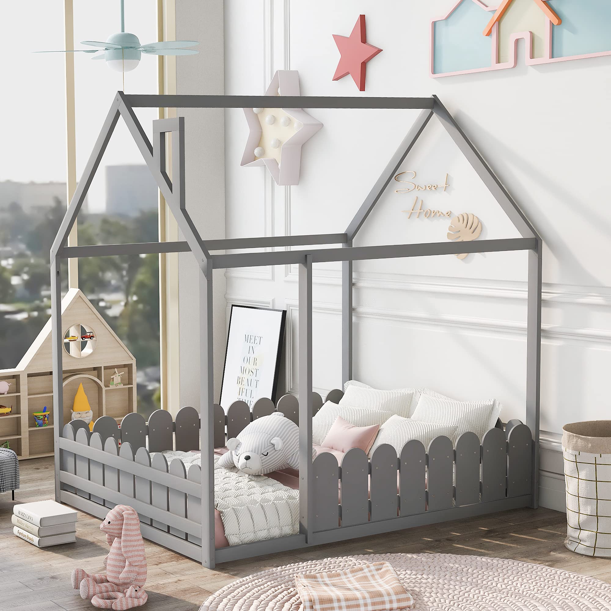 Full Size House Bed for Kids - Wooden Cabin Bed Frame with Roof & Fence - Toddler to Teen Bedroom Furniture for Boys & Girls - Easy Assembly Floor Bed - Perfect for Nursery, Playroom & Kids Bedroom Decor