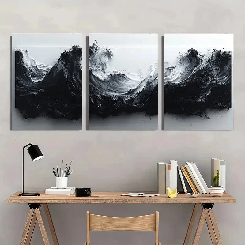 3-Piece Abstract Black and White Modern Fluid Wall Art Set - Framed Canvas 40x60cm (16x24in) - High Quality Print - 100% Australian Made - Ready to Hang - Perfect for Living Room, Bedroom & Office Decor