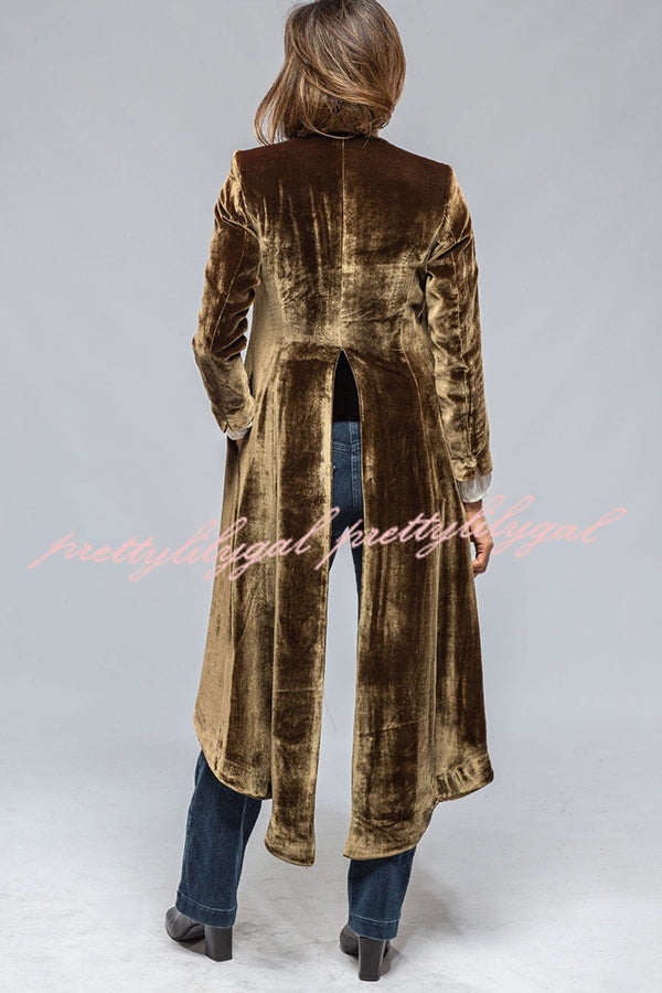 Vintage Velvet Long Loose Pocket Slit Coat - Women's Elegant Trench Coat with Pockets for Fall Winter Fashion, Perfect for Office, Date Night and Special Occasions
