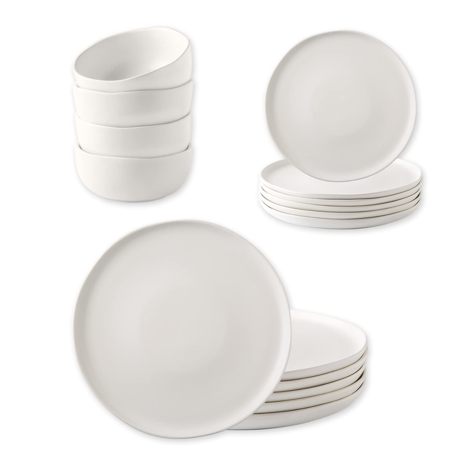AmorArc 16-Piece Ceramic Dinnerware Set - Stoneware Plates & Bowls - Chip & Crack Resistant - Dishwasher & Microwave Safe Matte White - Perfect for Family Dinners, Restaurants & Everyday Use