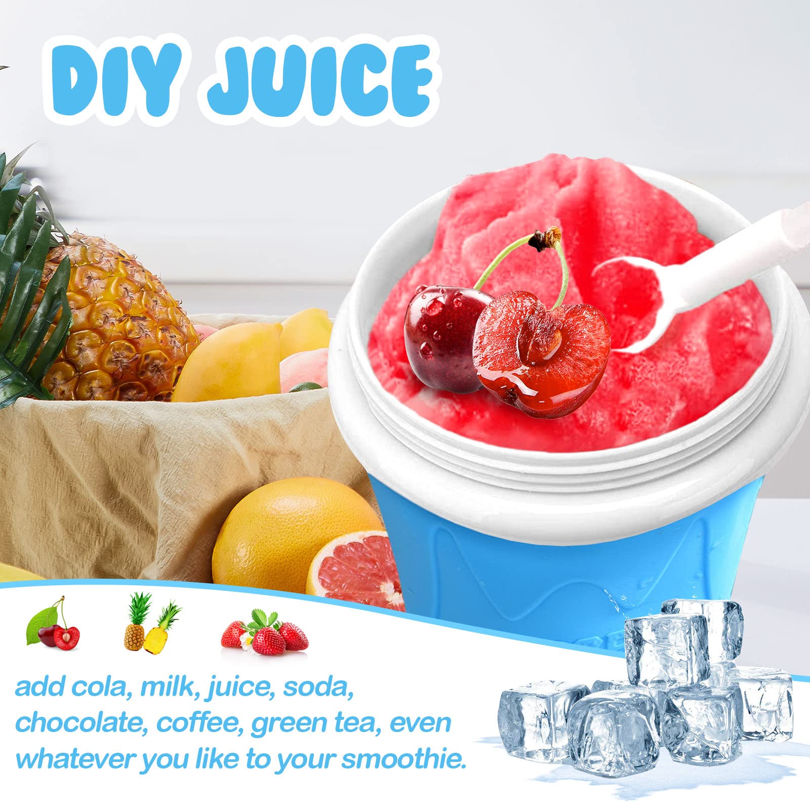 SlushBech Slushy Maker - Quick Frozen Magic Cup with Silicone Straw Spoon for DIY Slushies, Cola & Juice (Blue) - Perfect for Summer Parties, Kids Treats & Homemade Frozen Drinks