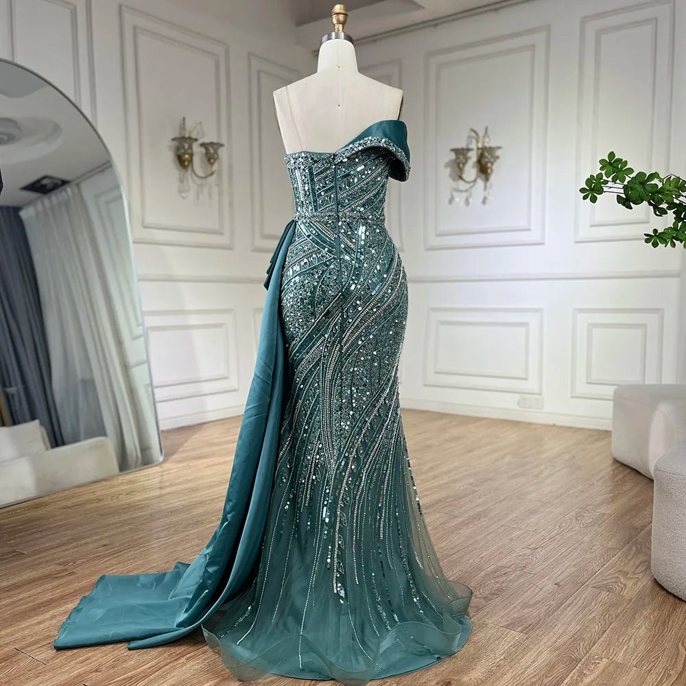 Elegant Turquoise Beaded One Shoulder Evening Dress for Wedding Party & Formal Events - LA72335 | Perfect for Prom, Cocktail Parties & Special Occasions