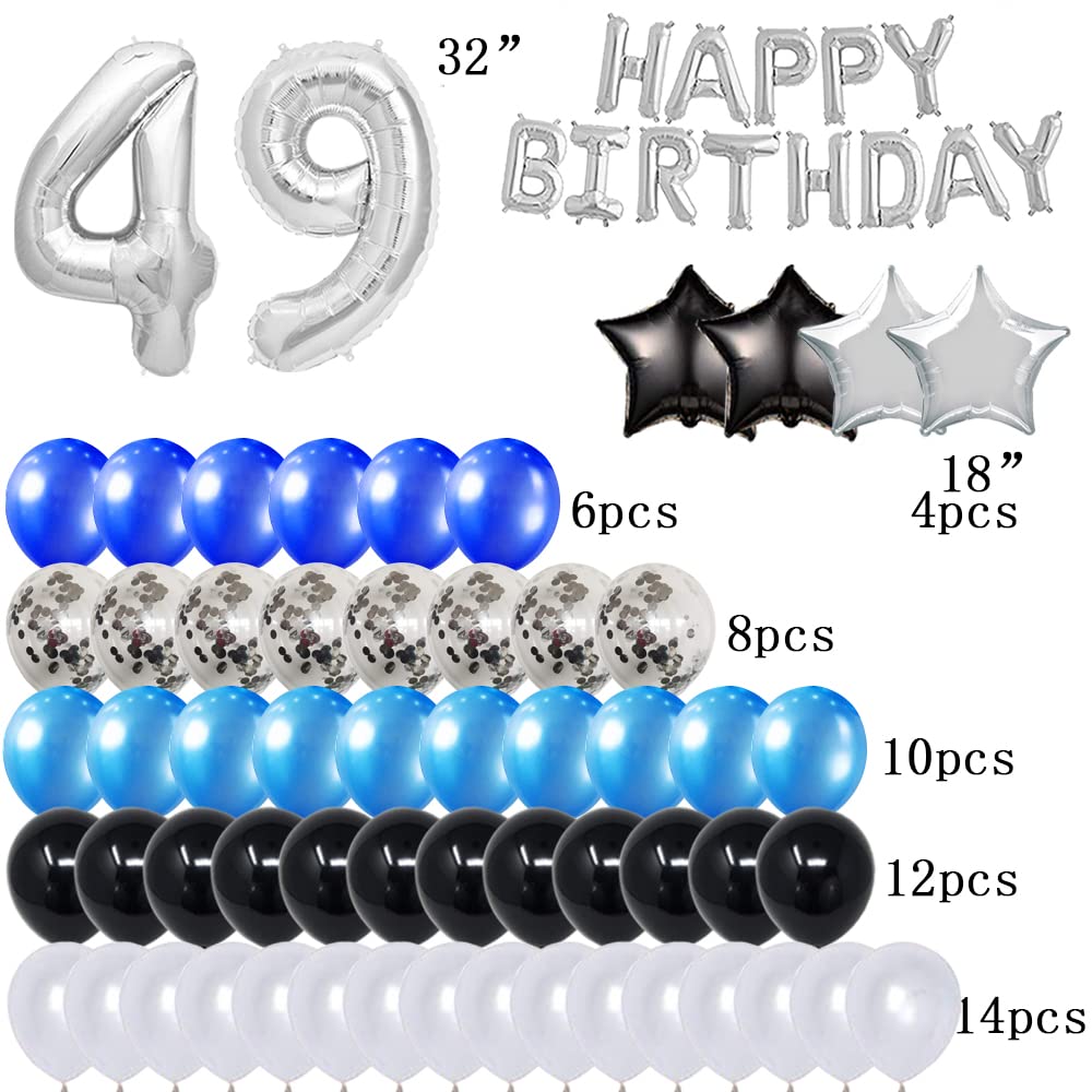 49th Birthday Party Decorations Set - Happy Birthday Foil Banner, Number 49 & Star Balloons, 47pcs Blue & Silver Latex Balloons | Perfect for Milestone Celebrations, Anniversary Parties & Surprise Decorations