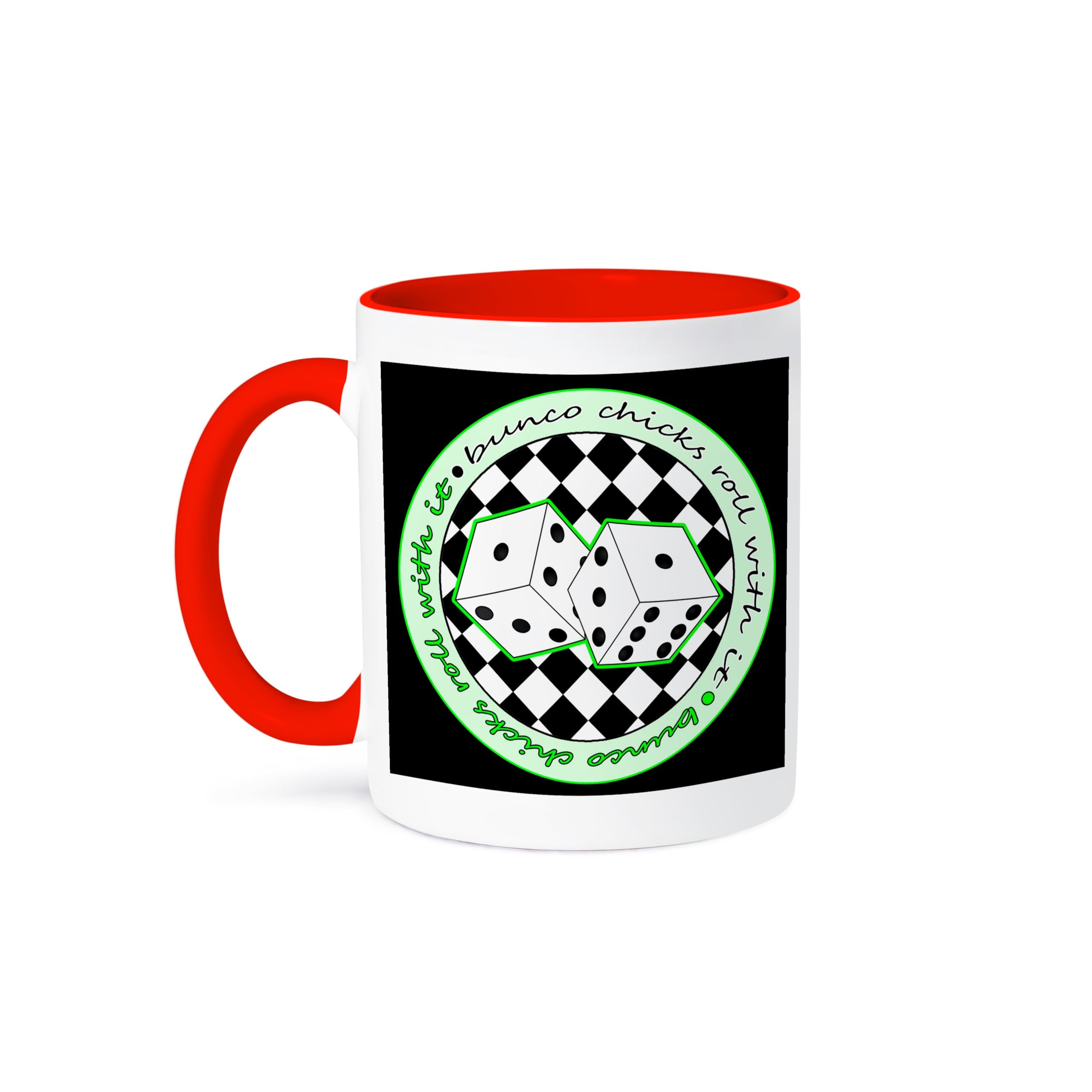 3dRose 15oz Two-Tone Red Coffee Mug - 'Bunco Chicks Roll With It' Dice Rolling Cup Design | Funky Novelty Mug for Bunco Lovers, Perfect Gift for Game Nights & Parties | Great for Coffee, Tea & Dice Games