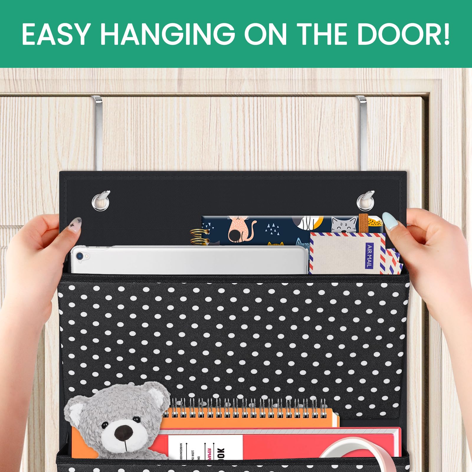 Godery Hanging Wall Organizer - 4 Pocket Fabric File Organizer for Office Supplies, Notebooks, Planners & Mail - Wall Mount & Over The Door Storage Solution for Home & Office Organization (White Spot) - Perfect for Desk, Closet & Entryway Organization