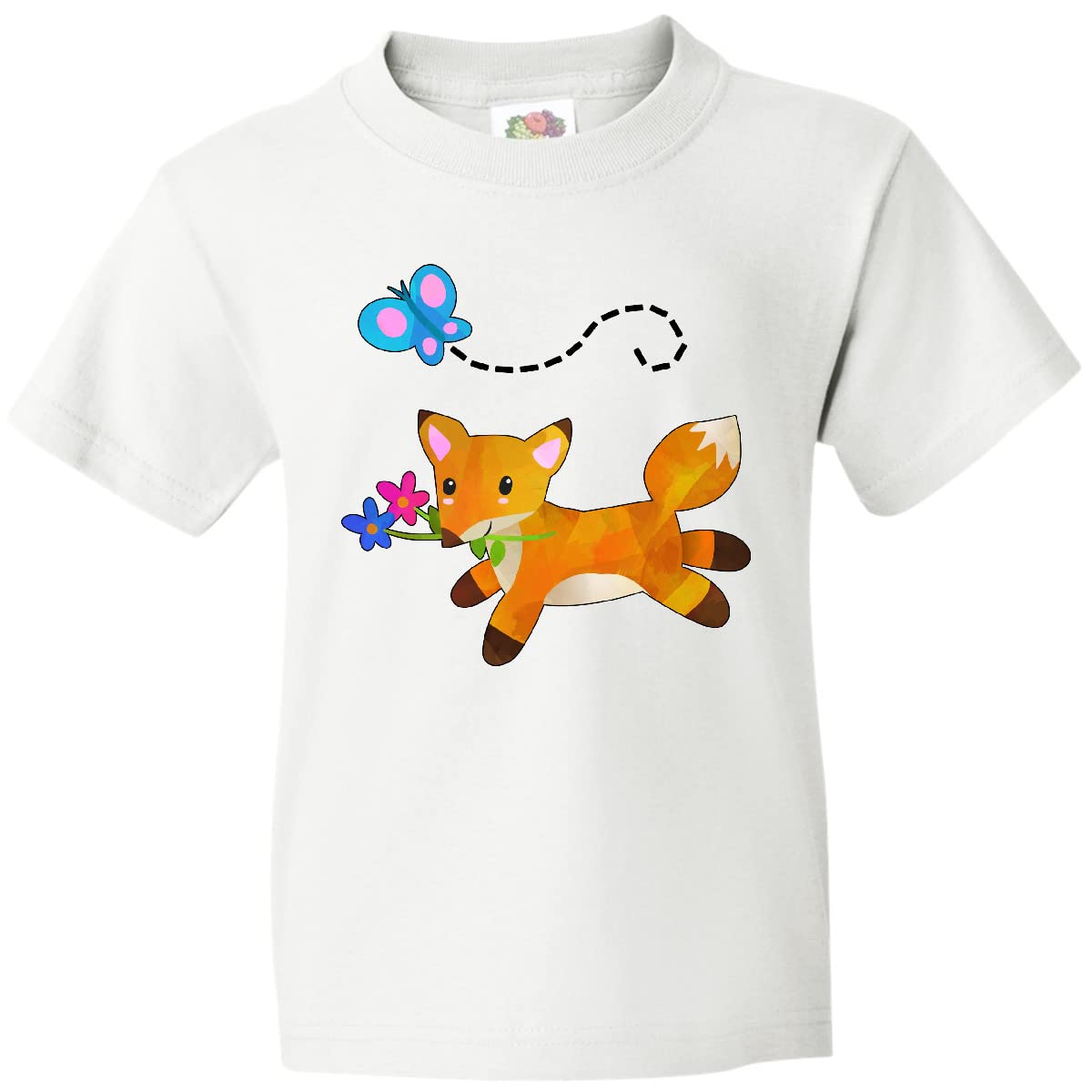 Inktastic Cute Fox with Flowers and Butterfly Youth T-Shirt | Kids Animal Graphic Tee | Fun Casual Wear for School, Playdates & Outdoor Activities