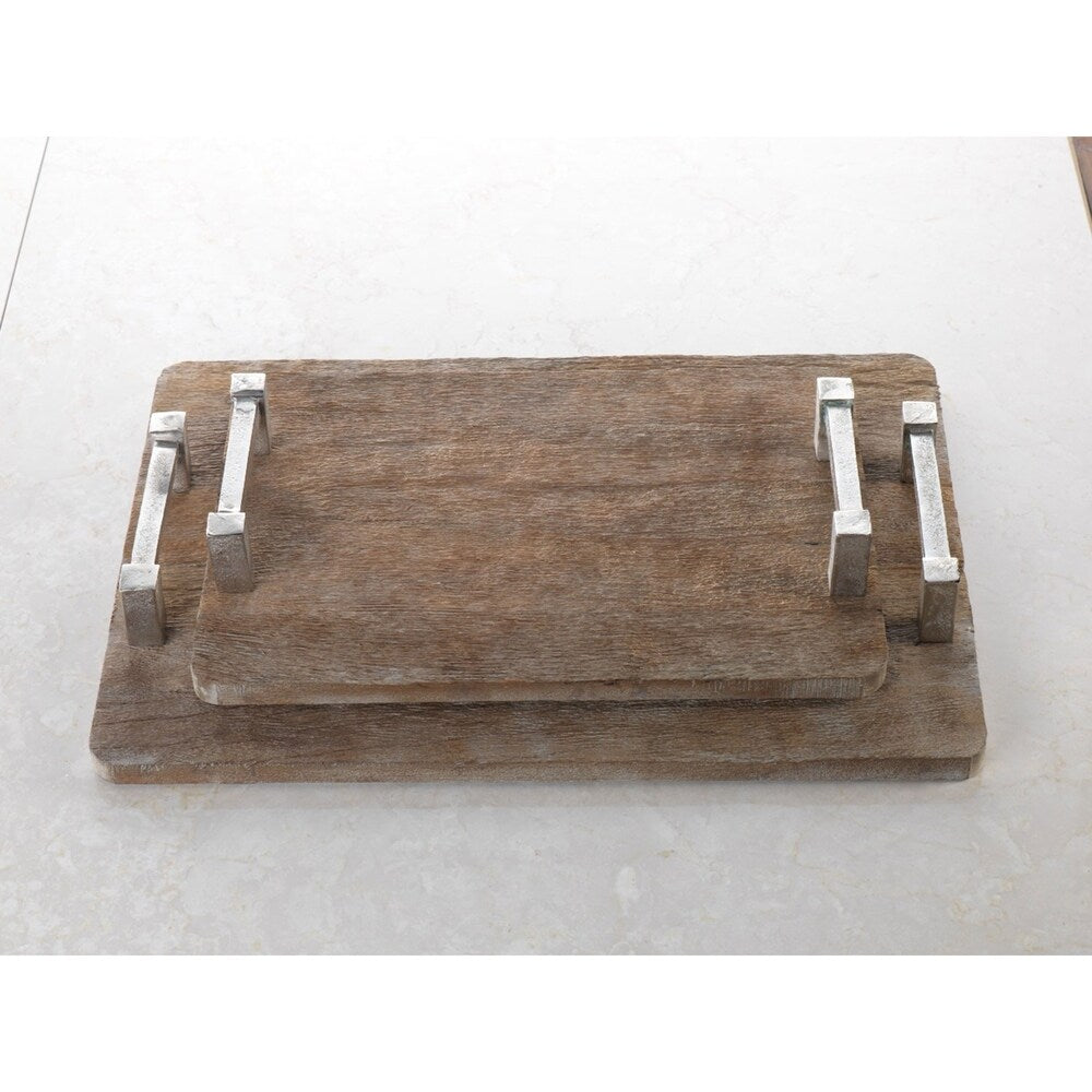 Asval 15-Inch Rustic Reclaimed Wood Serving Tray with Raw Aluminum Handles - Perfect for Breakfast in Bed, Coffee Table Decor, and Entertaining Guests