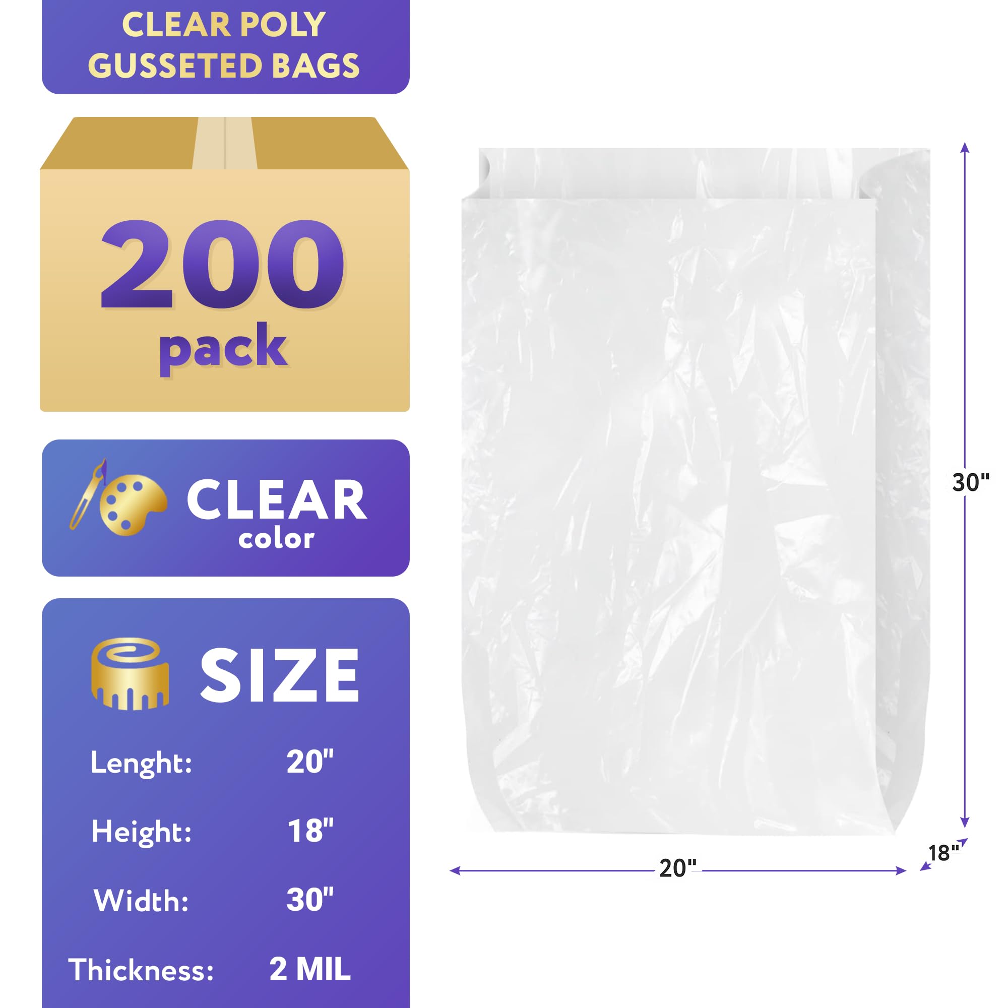 APQ 200 Pack Jumbo Gusset Bags 20x18x30 - Clear Expandable Plastic Bags 2 Mil Thickness | Industrial, Food Service & Healthcare Use | Perfect for Bulk Storage, Packaging & Organization