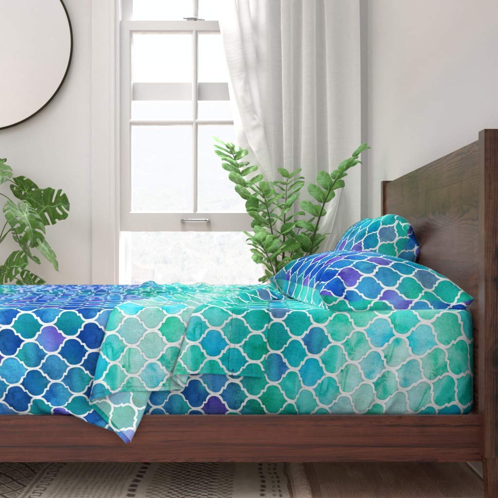 100% Cotton Twin Sheet Set 3pc - Green Blue Moroccan Watercolor Emerald Cobalt Ogee Print Custom Bedding | Soft Breathable Bed Sheets for Guest Room, Dorm & Cozy Home Decor