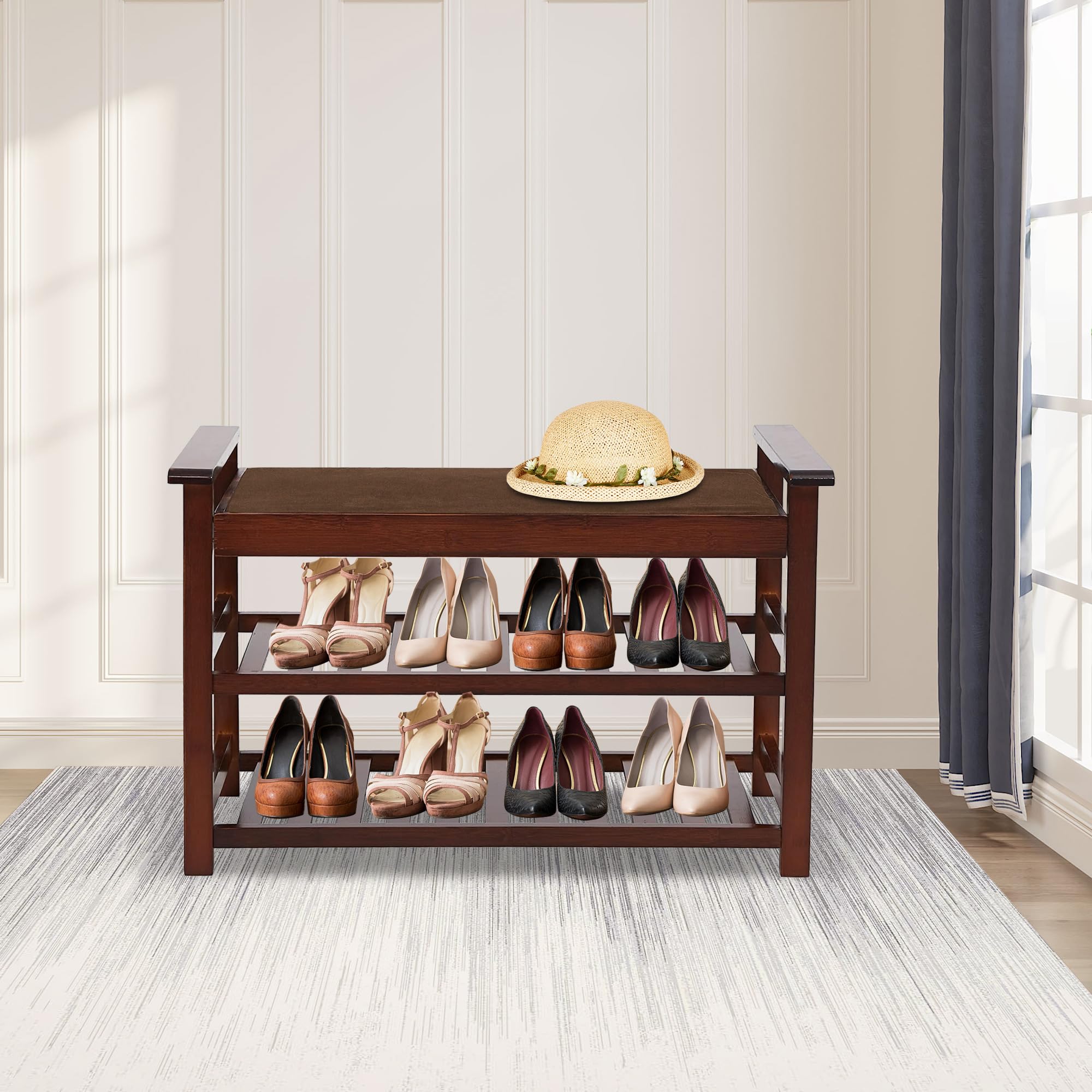 2-Tier Bamboo Shoe Rack Bench with Cushion - Sturdy Entryway Storage Organizer for Shoes | Hallway, Bathroom & Living Room Seating Solution | Space-Saving Shoe Stool for Small Spaces (Brown)
