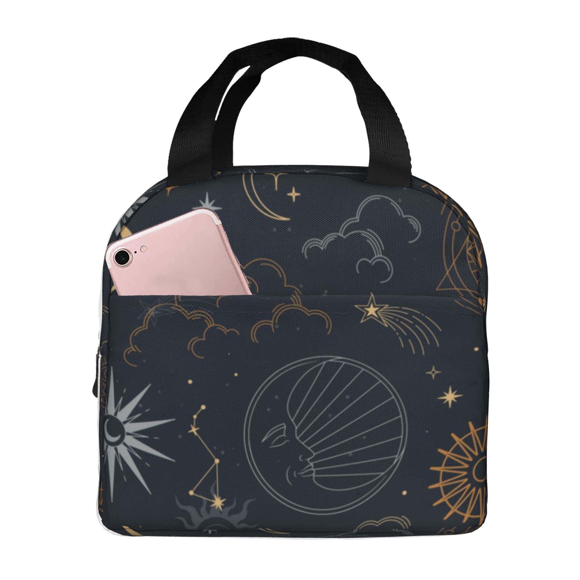 Insulated Reusable Lunch Bag with Constellations, Sun, Moon & Stars Design - Thermal Cooler Tote for Office, Work, Picnic & Outdoor Activities | Perfect for School, Camping & Beach Trips