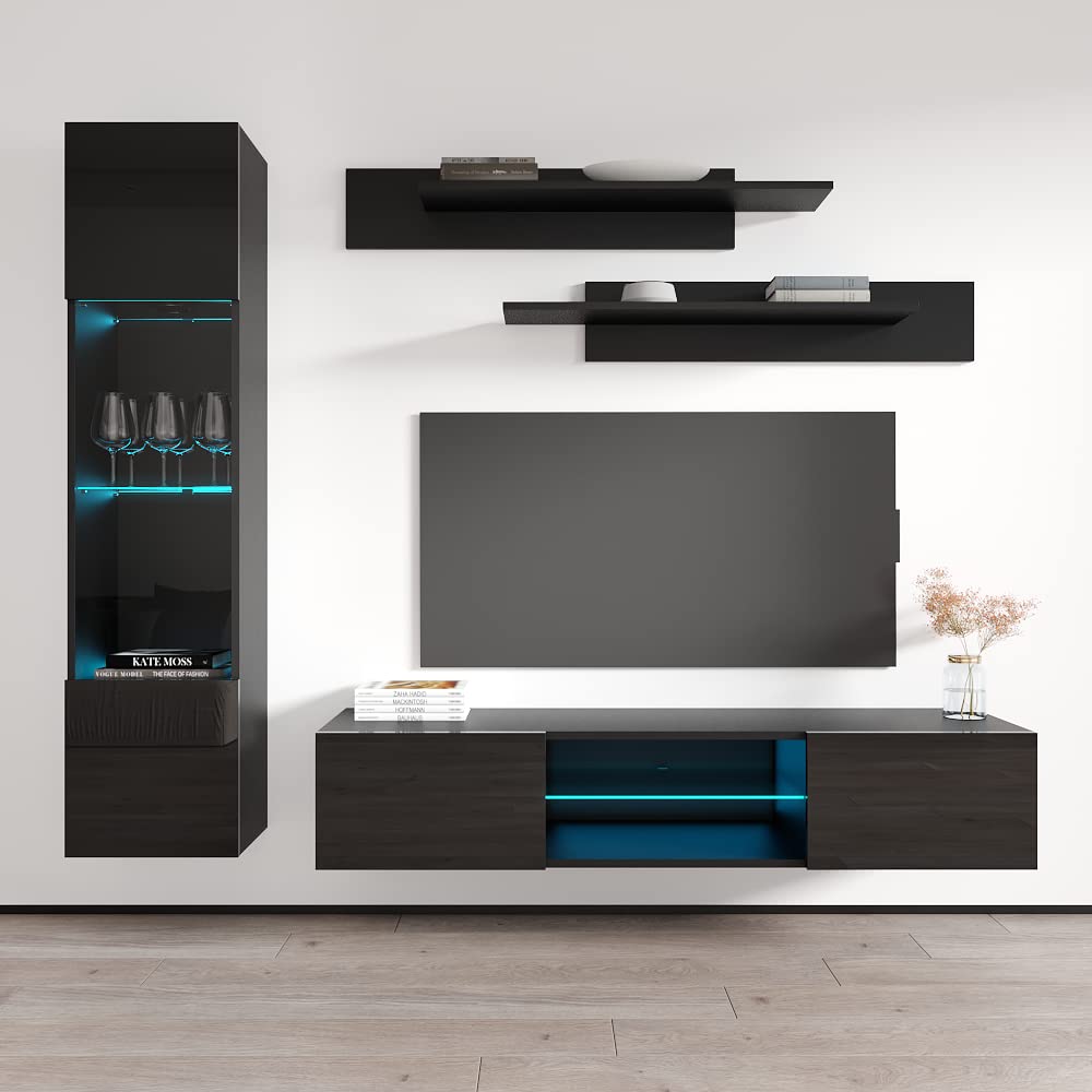 Modern Floating TV Stand with Storage & LED Lights - Wall-Mounted Entertainment Center for Bedroom & Living Room - Meble Furniture Fly G3 33