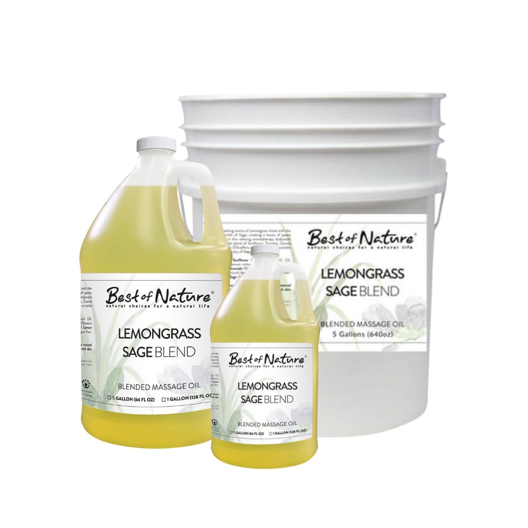 **Best of Nature Lemongrass & Sage Massage Oil – Non-Greasy Aromatherapy Body Oil for Relaxation, Skin & Face Care – Pure Essential Oils, 64 fl oz (Half Gallon) – Perfect for Spa, Yoga & Stress Relief**