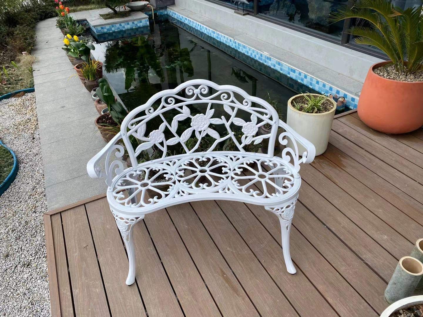 White C/G Patio Balcony Bench - Double Seat Cast Aluminum Outdoor Garden Bench for Park, Yard & Patio - Rust-Resistant Durable Furniture for Relaxing Outdoors