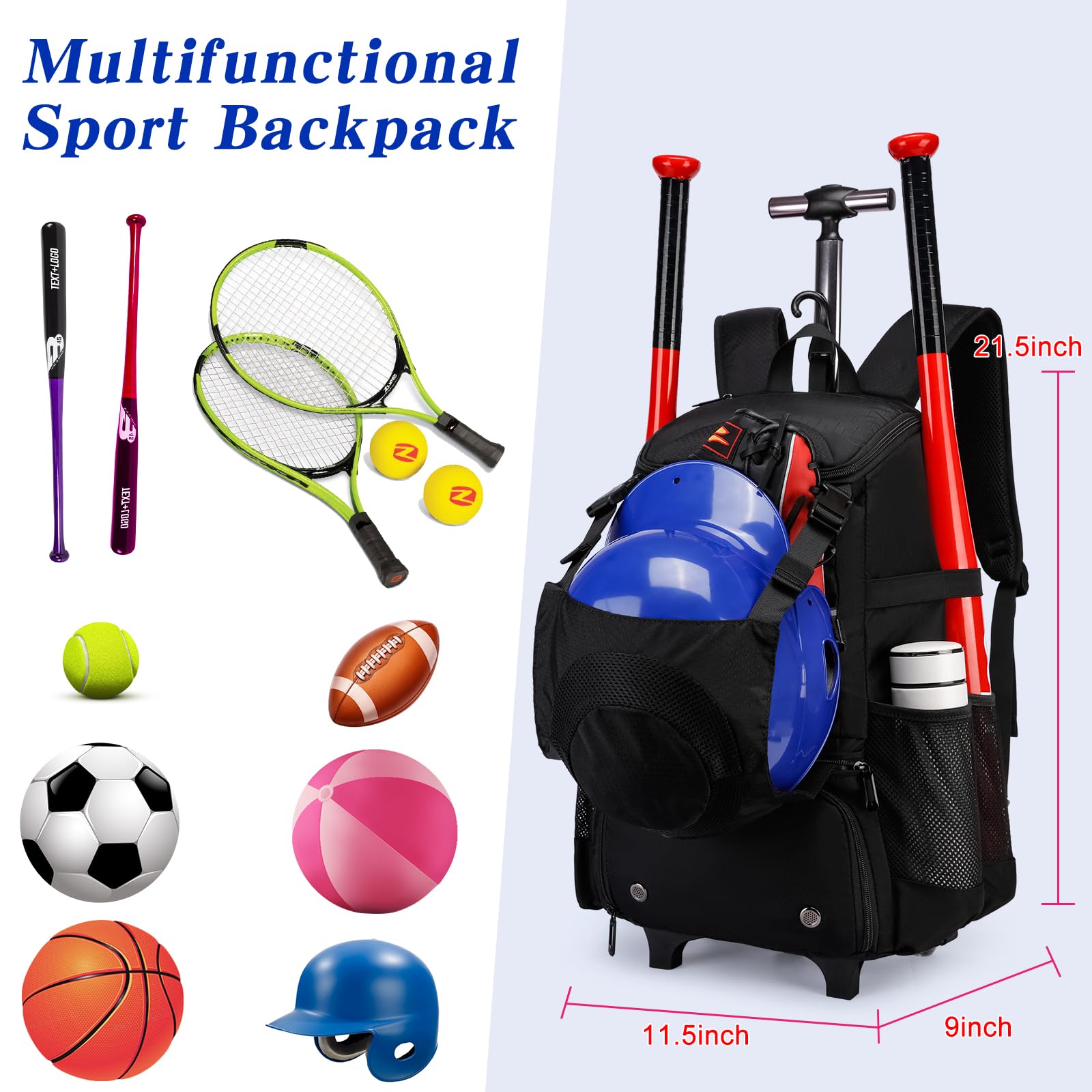 Best Youth & Adult Softball Baseball Rolling Bat Bag - Lightweight Wheeled Equipment Backpack with Shoe Compartment & Fence Hook for T-Ball & Helmet - Perfect for Games, Practice & Travel