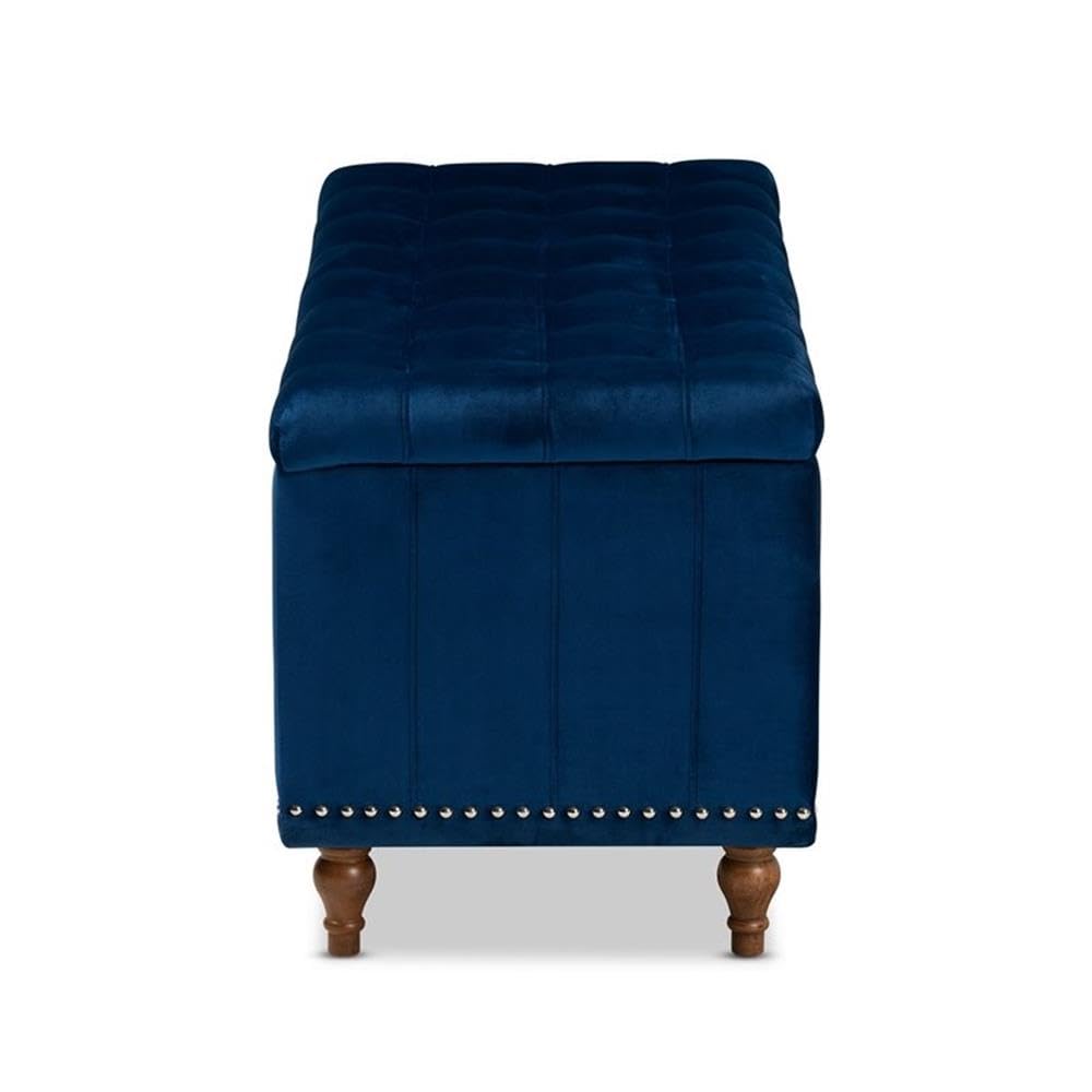 BOWERY HILL Navy Blue Velvet Upholstered Storage Ottoman Bench with Tufted Design - Stylish Footrest, Seat & Hidden Storage for Living Room, Bedroom & Entryway