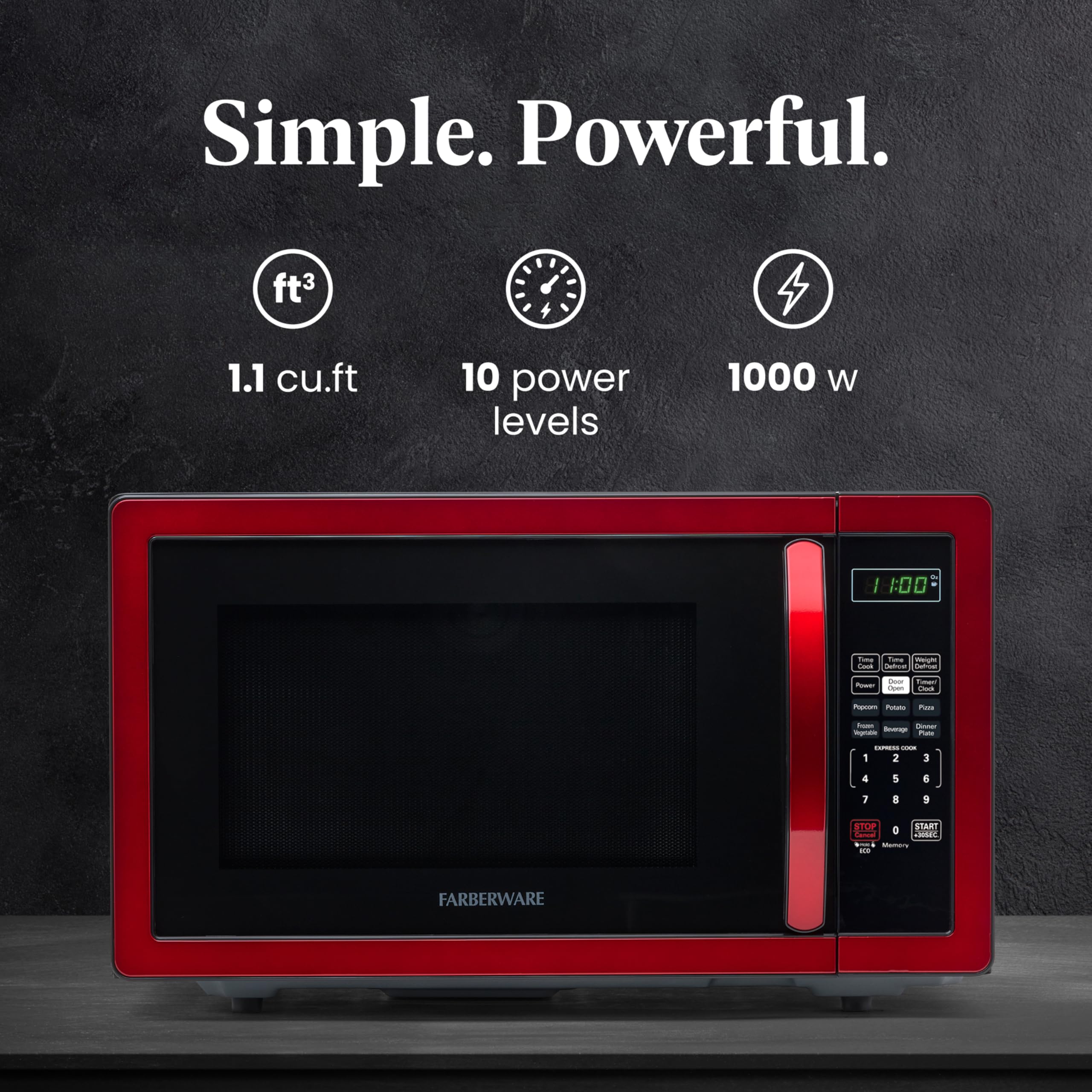 Farberware 1.1 cu ft 1000W Countertop Microwave Oven with LED Lighting & Child Safety Lock - Compact Space-Saving Design for Small Kitchens, Dorms, Apartments - Easy Clean Stainless Steel Red Finish - Perfect for Quick Meals, Reheating Food & Defrosting