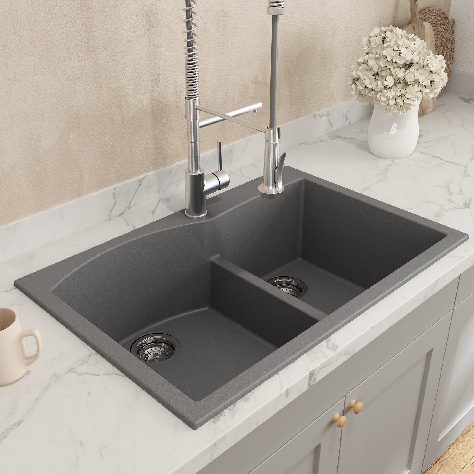 Bocchi 33 Dual Mount Granite Composite 60/40 Double Bowl Kitchen Sink in Concrete Gray - Perfect for Modern Farmhouse & Industrial Style Kitchens