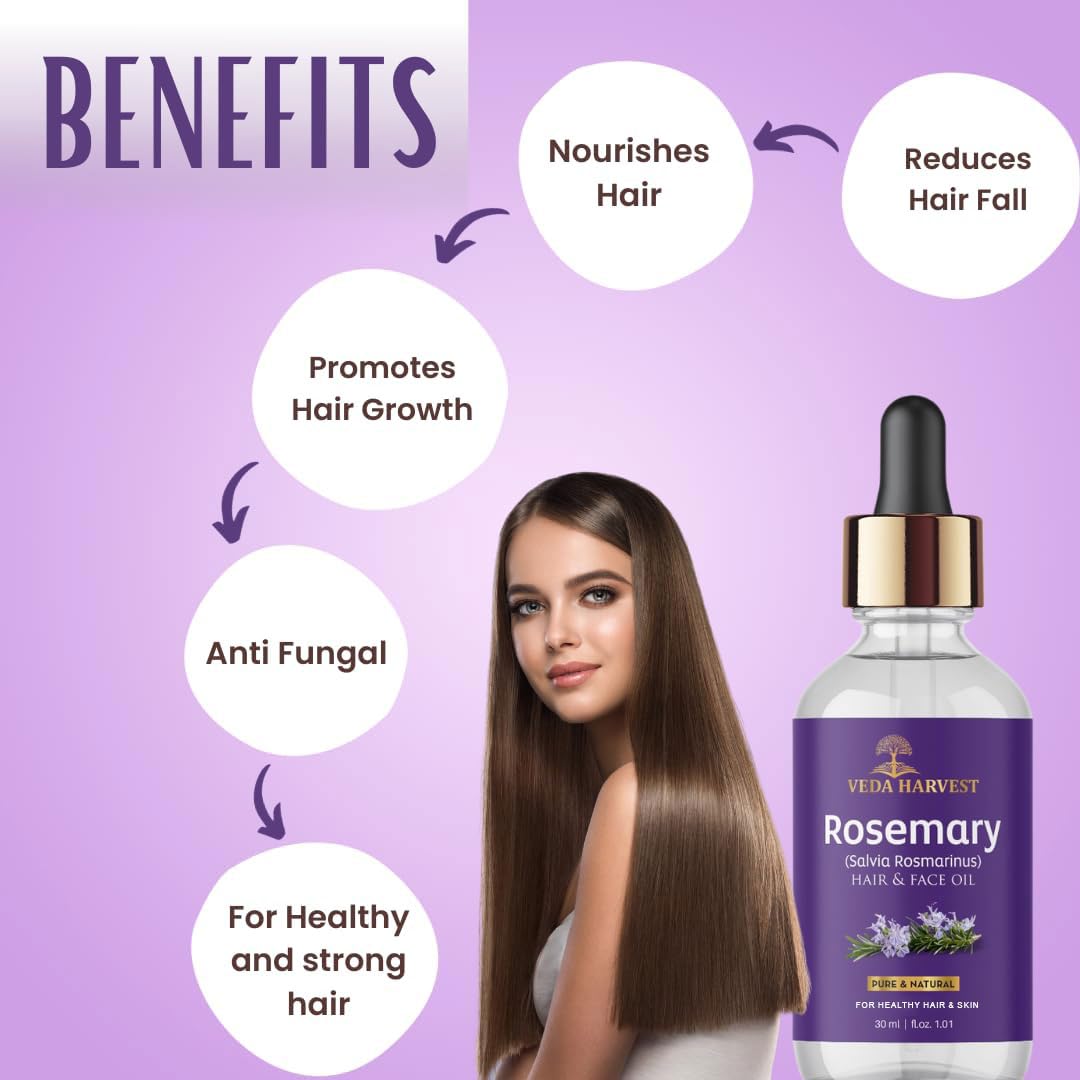 VEDAHARVEST Pure Rosemary Essential Oil 30ml - Natural Hair Growth Serum for Thicker Hair, Scalp Treatment for Hair Loss & Dandruff Control - Skin Care Essential Oil for Face & Body - Perfect for Daily Hair Care Routine & Aromatherapy