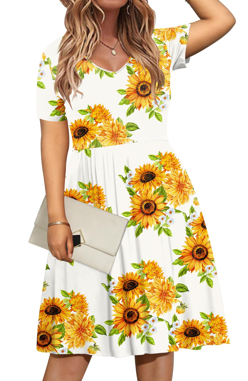 DB MOON Women's Plus Size Summer Casual Dress 2025 - V Neck Short Sleeve Knee Length Dress with Pockets (XL) | Perfect for Beach, Vacation & Everyday Wear