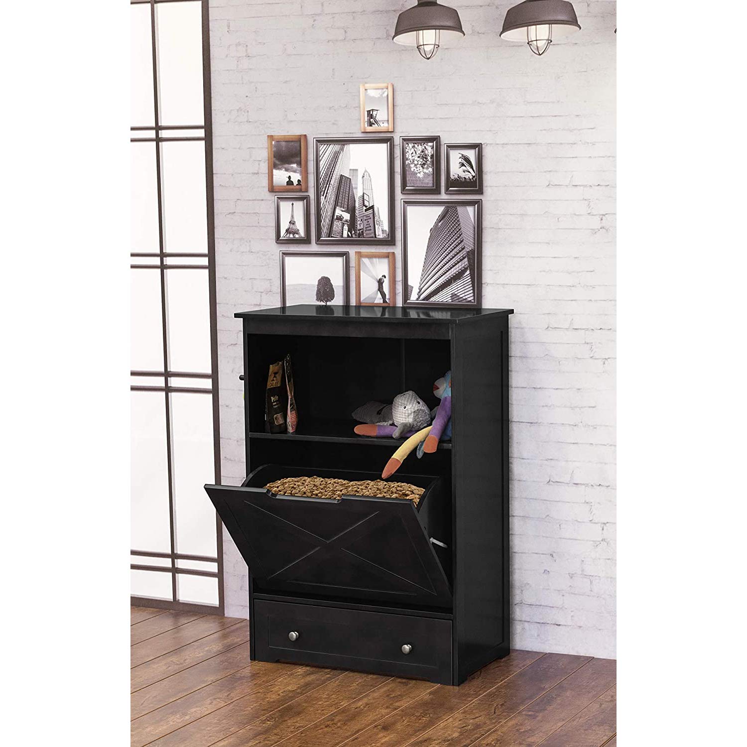 Zoovilla Windsor Elevated Dog Bowl Stand with Storage - Adjustable Pet Feeder Station for Large Dogs, Black, 13.78