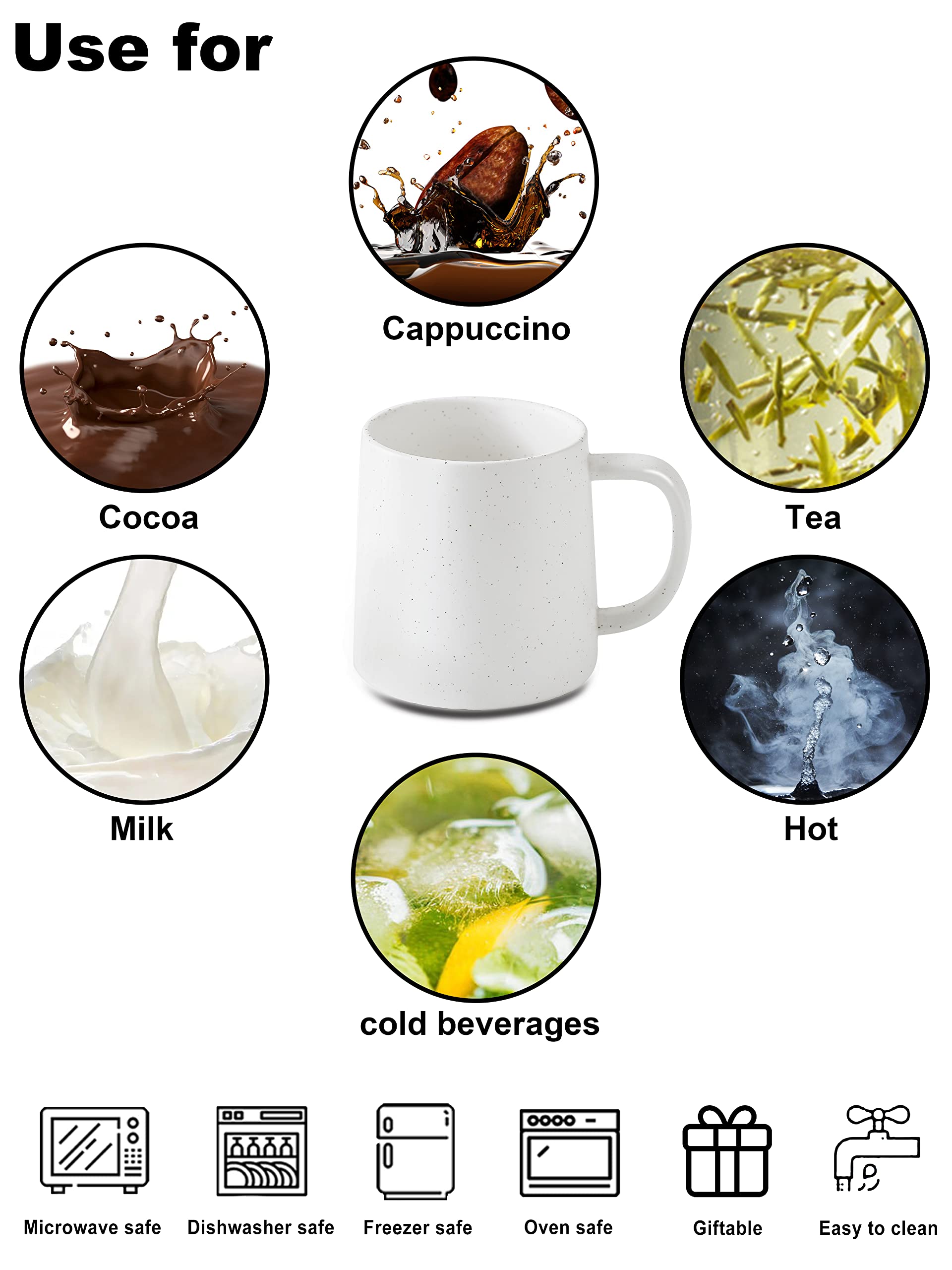 16 Oz Matte White Speckled Ceramic Coffee Mug - Single Solid Color Coffee Cup for Home, Office & Gifts - Perfect for Hot Drinks, Tea & Daily Use