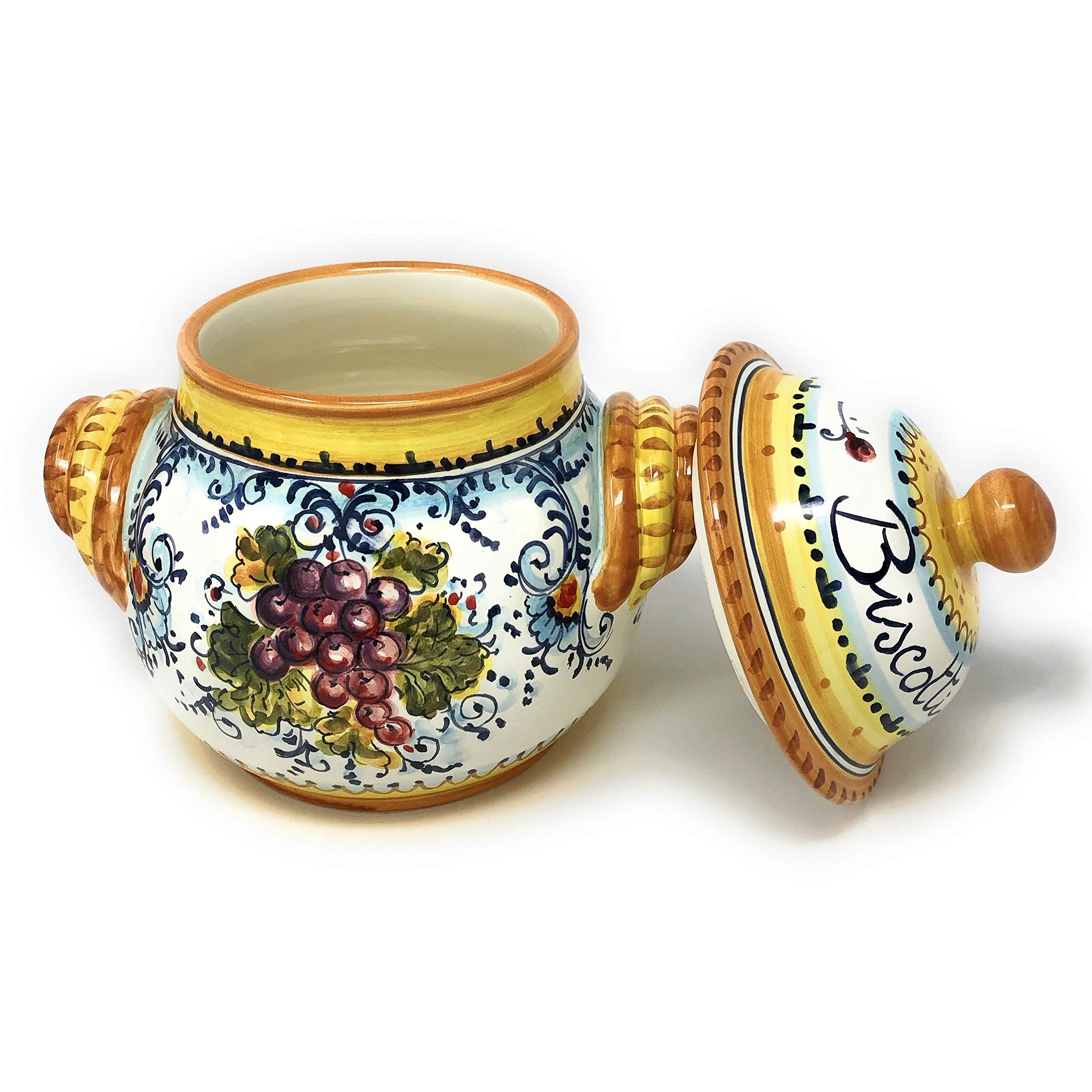 Hand-Painted Italian Ceramic Cookies Jar - Tuscan Pottery Biscotti Container with Grape Design, Made in Italy | Perfect for Kitchen Storage & Tuscan Home Decor