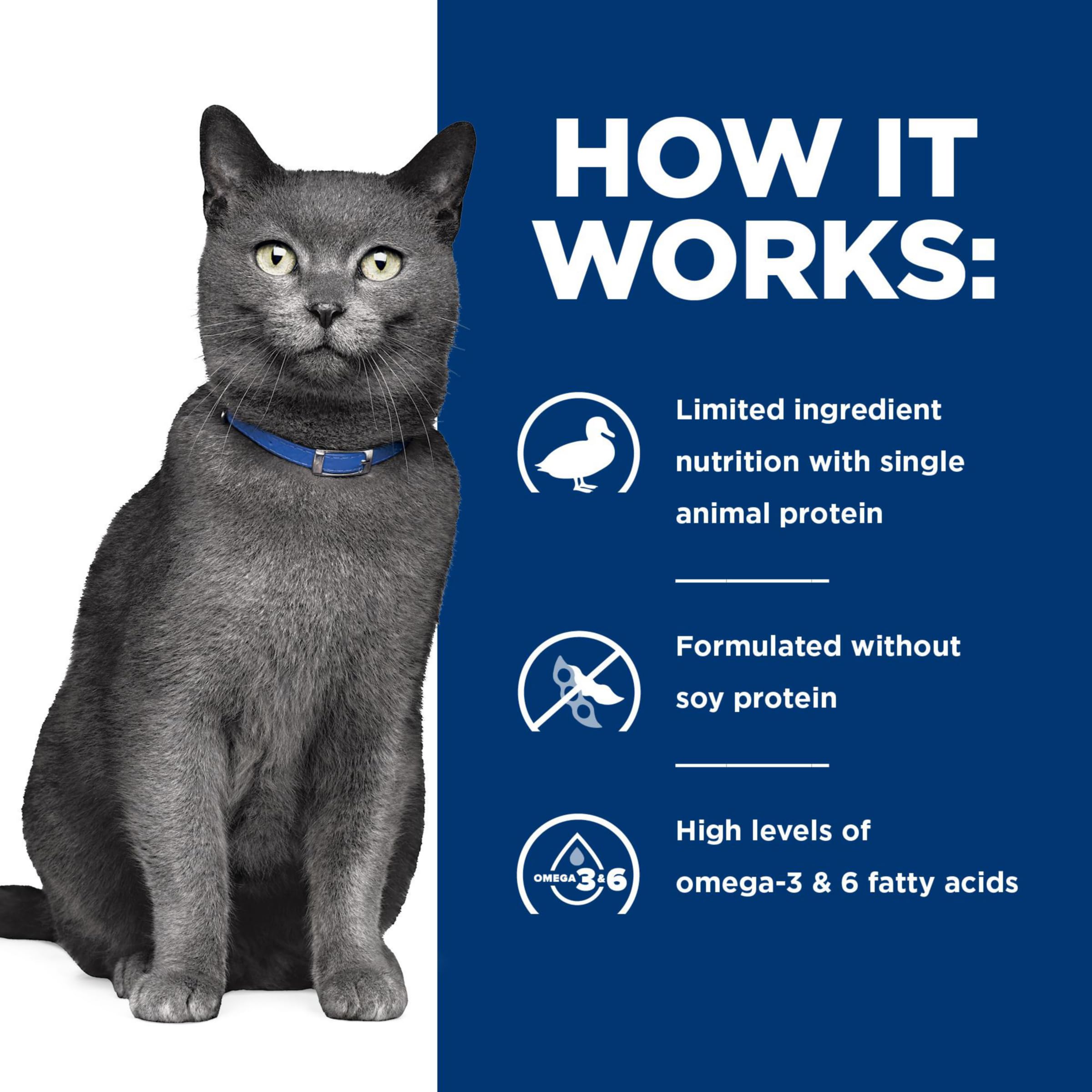 Hill's Prescription Diet d/d Duck & Green Pea Formula Dry Cat Food for Food Sensitivities - Veterinary Recommended Digestive Care Cat Food, 8.5 lb Bag - Perfect for Cats with Skin & Stomach Allergies