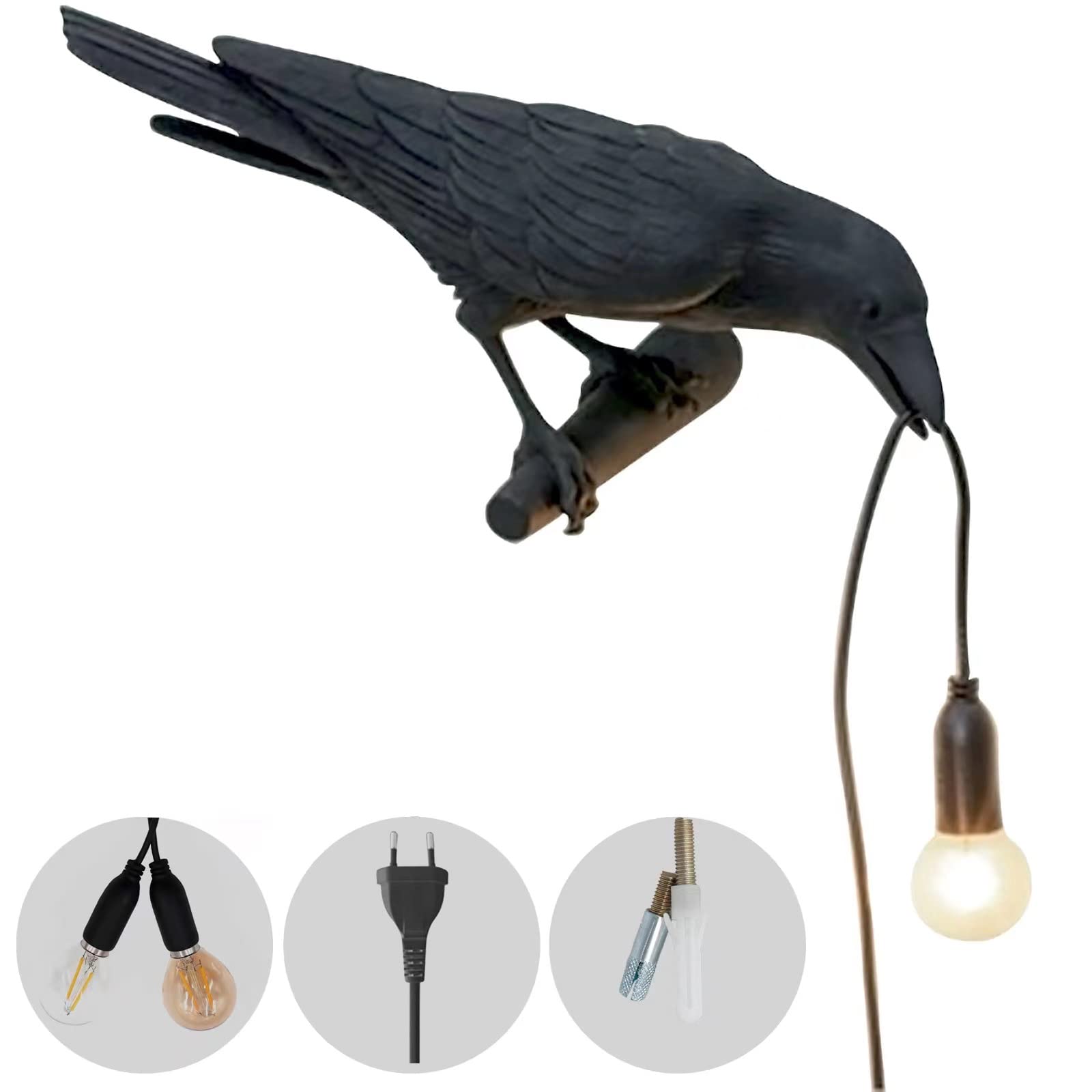 Gothic Crow Lamp - Black Raven Wall Light with Plug, Unique Resin Halloween Decor for Table, Goth, Bird & Art Home Decor - Perfect for Living Room & Bedroom (Includes 2 Bulbs) - Spooky Ambiance Lighting for Halloween Parties & Gothic Themed Rooms