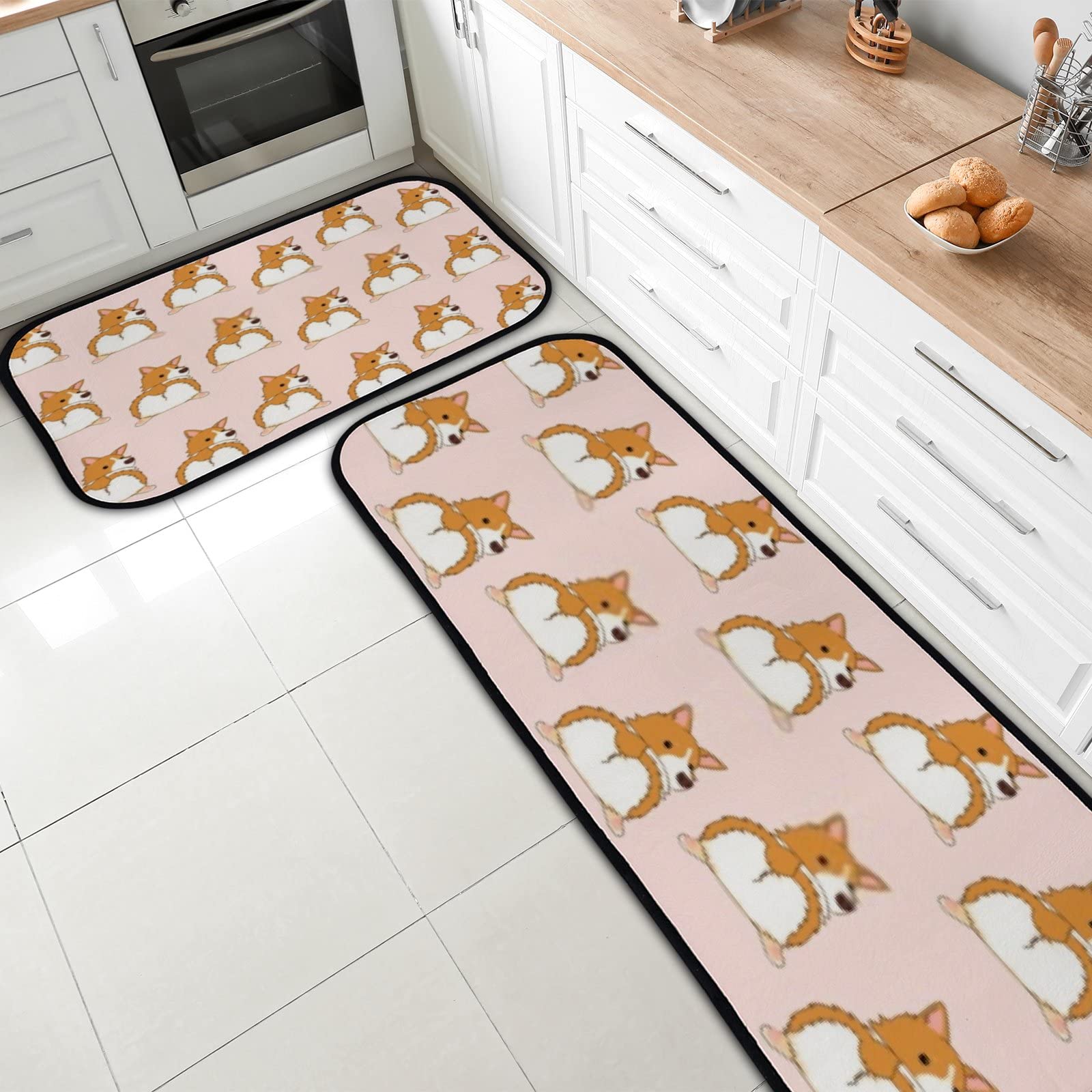 2-Piece Anti-Fatigue Kitchen Rugs Set - Non-Slip Washable Floor Mats with Corgi Dog Design for Comfortable Standing in Home Kitchen | Perfect for Cooking, Dishwashing & Food Prep Areas