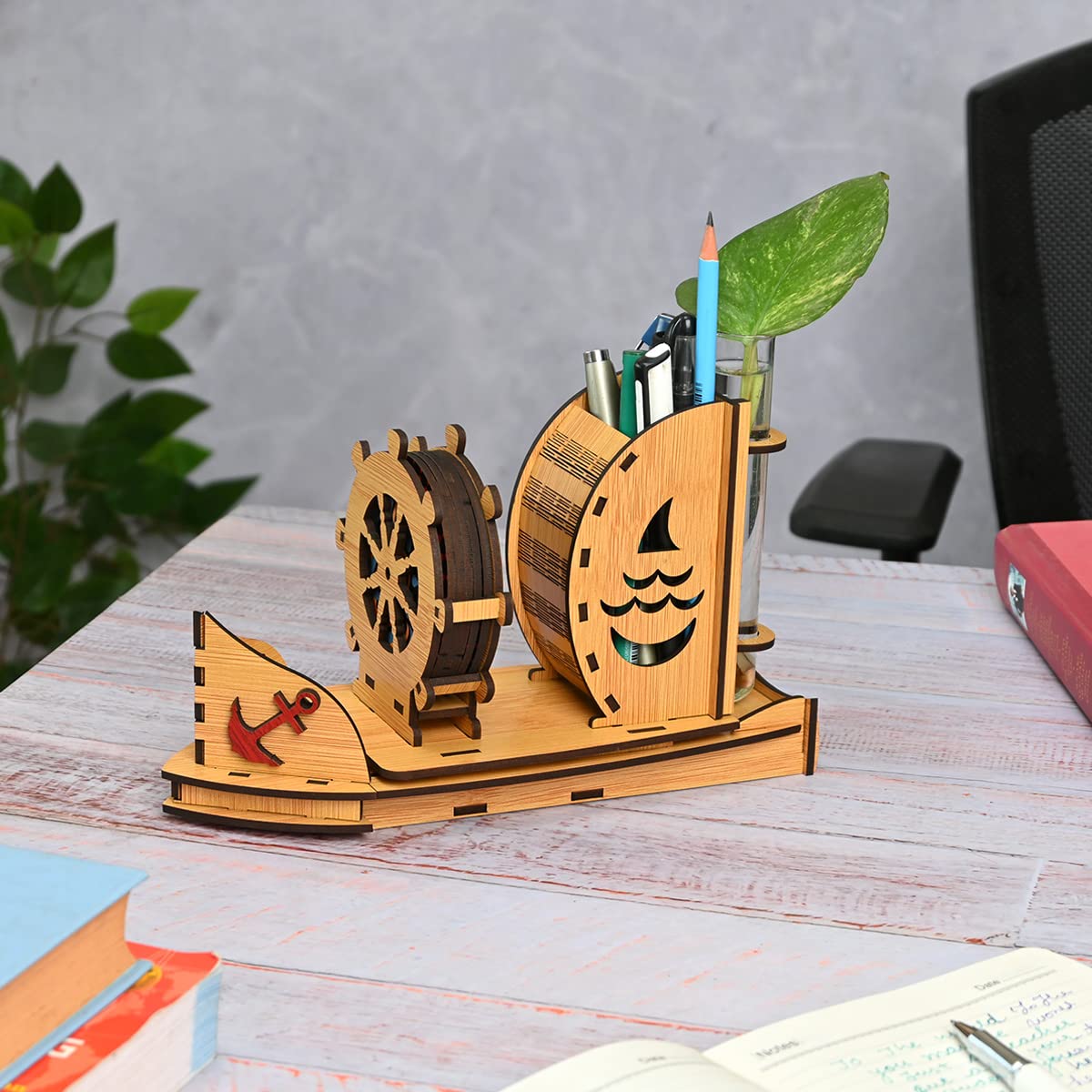 GKD Wooden Coaster Set - 6 Piece Boat Shaped Coasters with Test Tube Planter Holder | Bamboo Drink Coasters for Dining Table Decor & Office Desk Accessories | Perfect for Home Bar, Coffee Table & Kitchen Counter Use