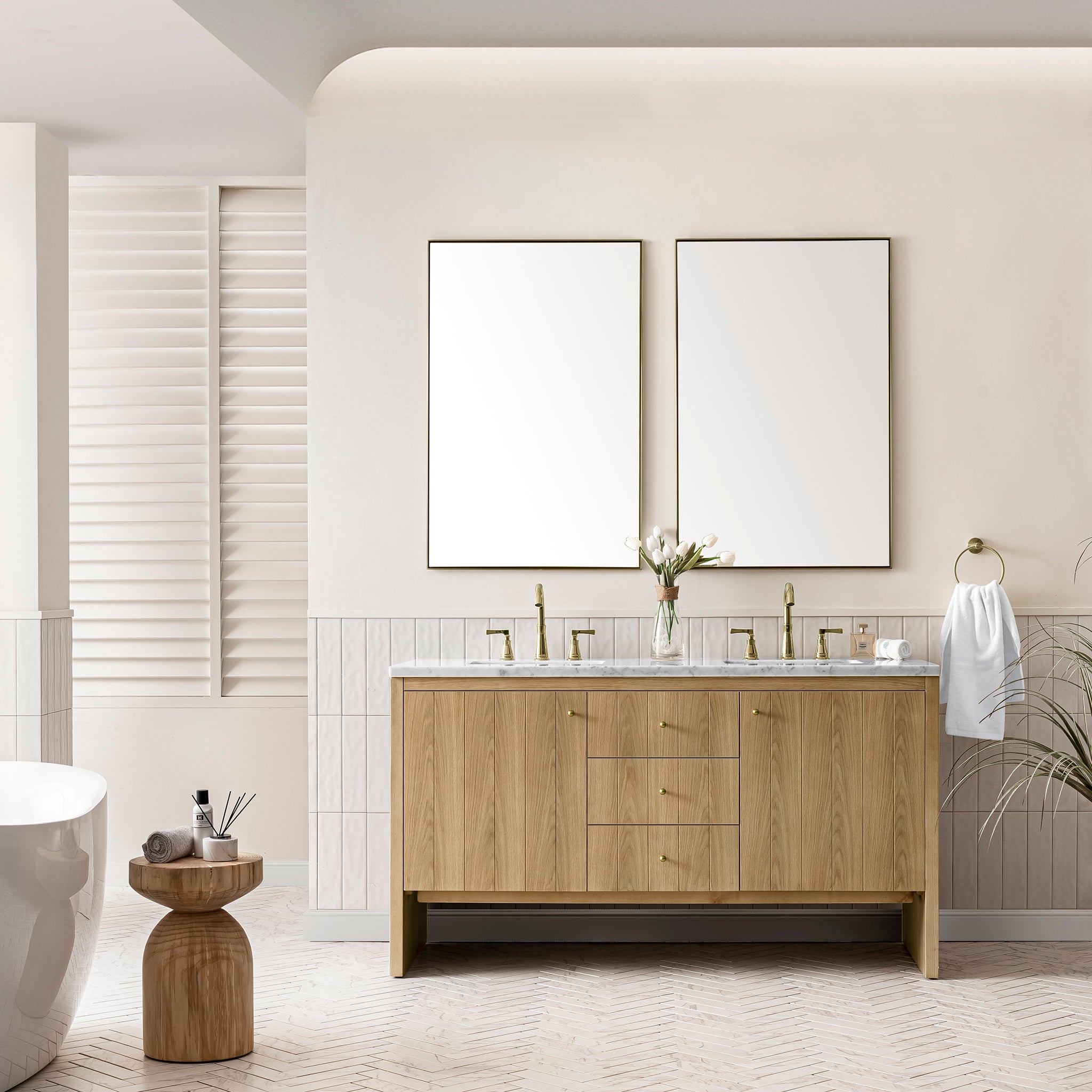 60-Inch Hudson Double Bathroom Vanity in Light Natural Oak with 3CM Arctic Fall Quartz Countertop - Perfect for Master Bathroom Renovation & Modern Home Decor